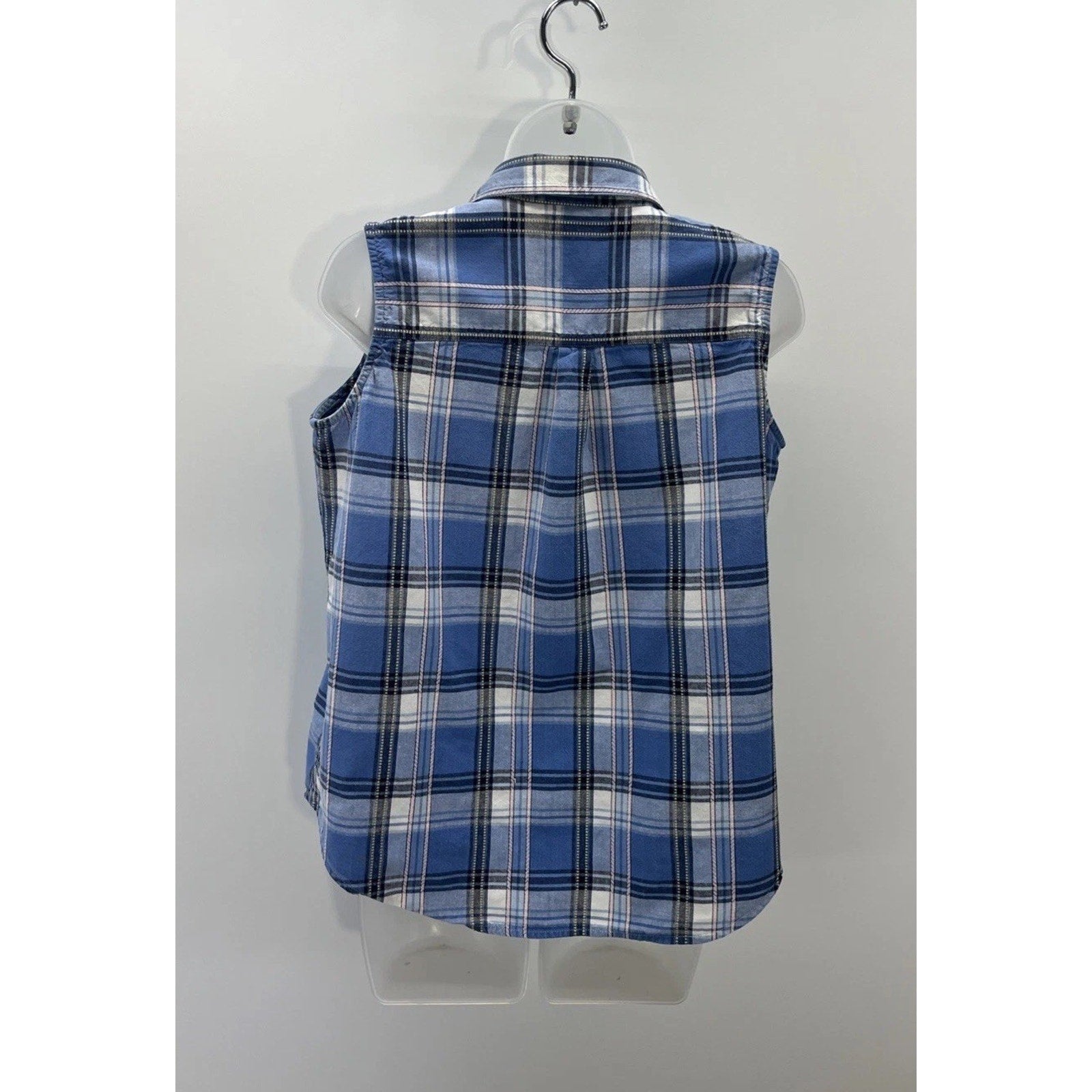 Cabin Creek Womens Blue Plaid Sleeveless Collared Button-Up Shirt Size Petite L