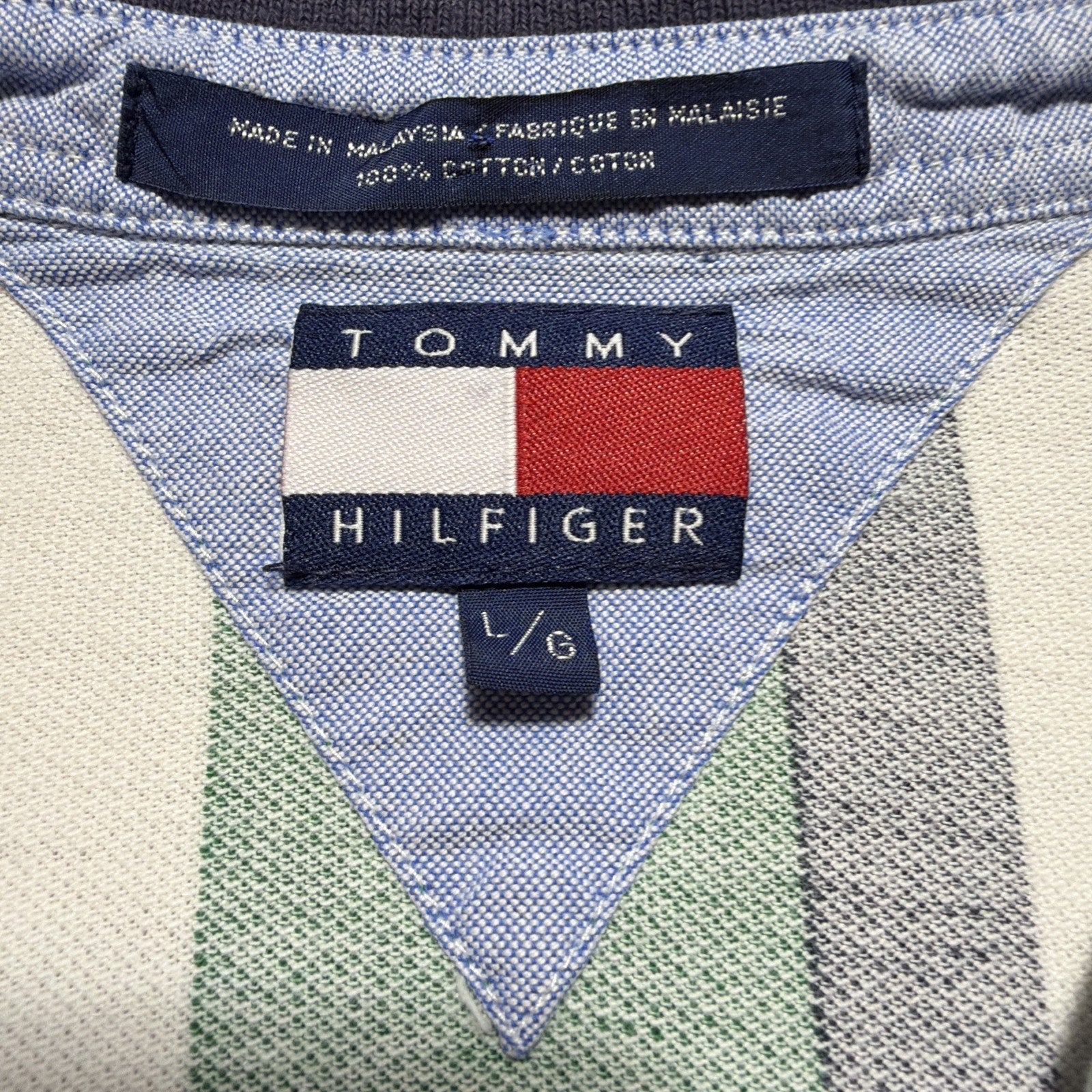 Vintage 90s Tommy Hilfiger Green White Faded Striped Polo Shirt Crest Mens L