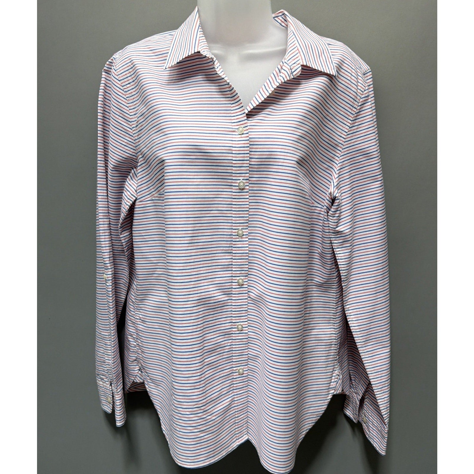 Talbots Women's L Button-Front Shirt Striped Red Blue White Top Casual Preppy