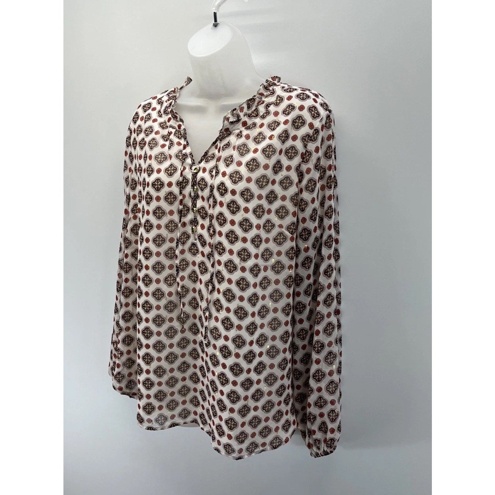Talbots Damask Print Blouse Size L Floral 1/2 Lined Button Up Semi Sheer Boho