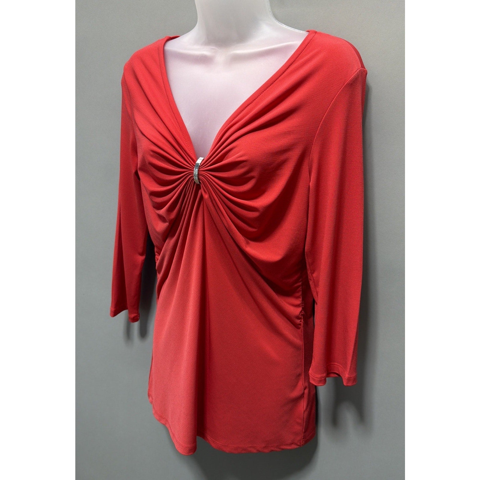 Michael Kors Women's Red Ruched Clasped Long-Sleeve Blouse Top Size M