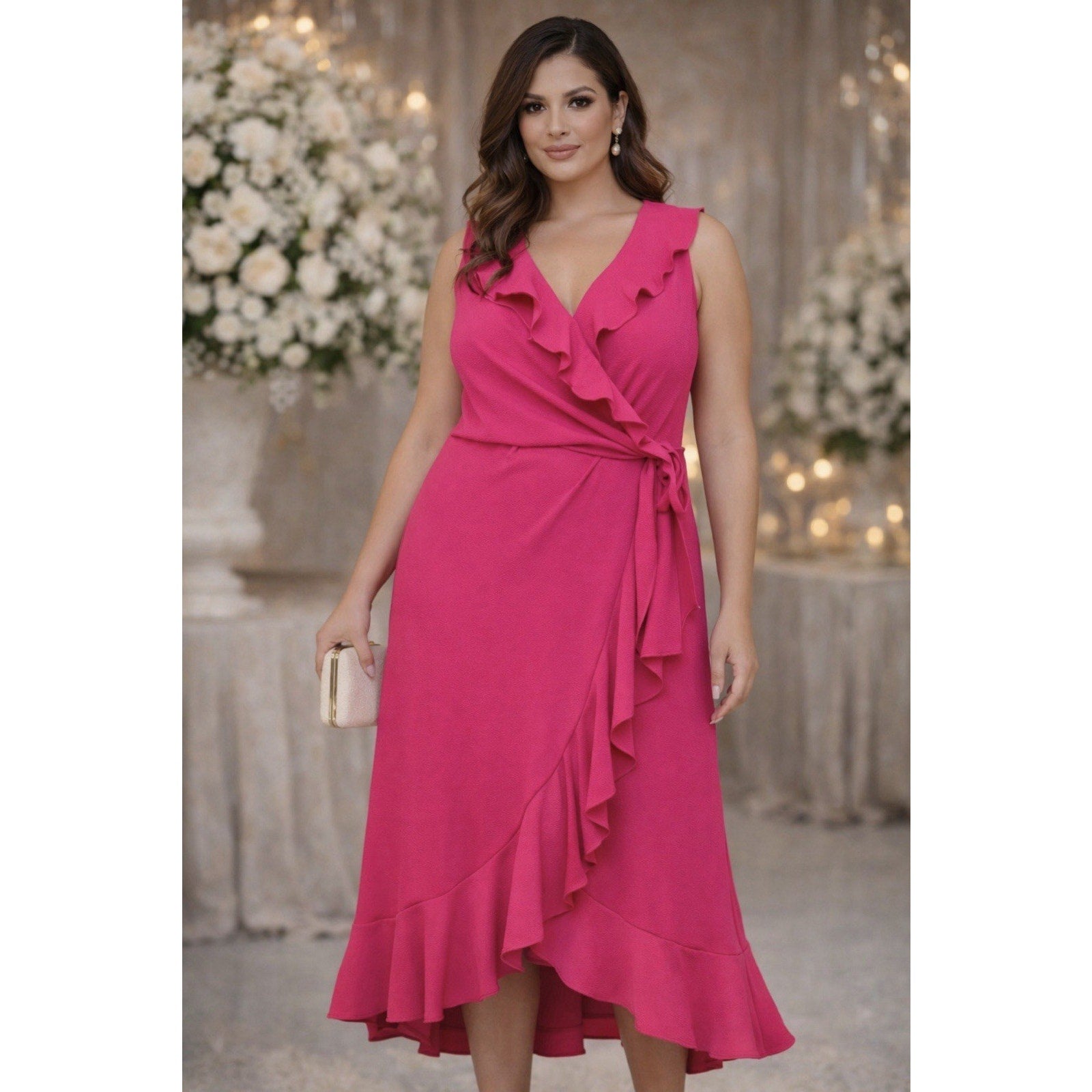 NWT London Times Pink Wrap Dress Size 16 Ruffle Sleeveless Midi Faux Wrap Weddin