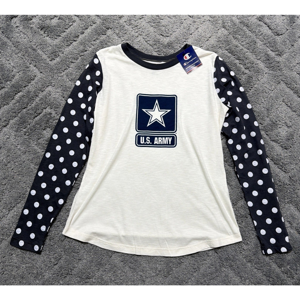 New Champion U.S ARMY Womens Long Sleeve Crew Neck Shirt White Blue Polka Dots M