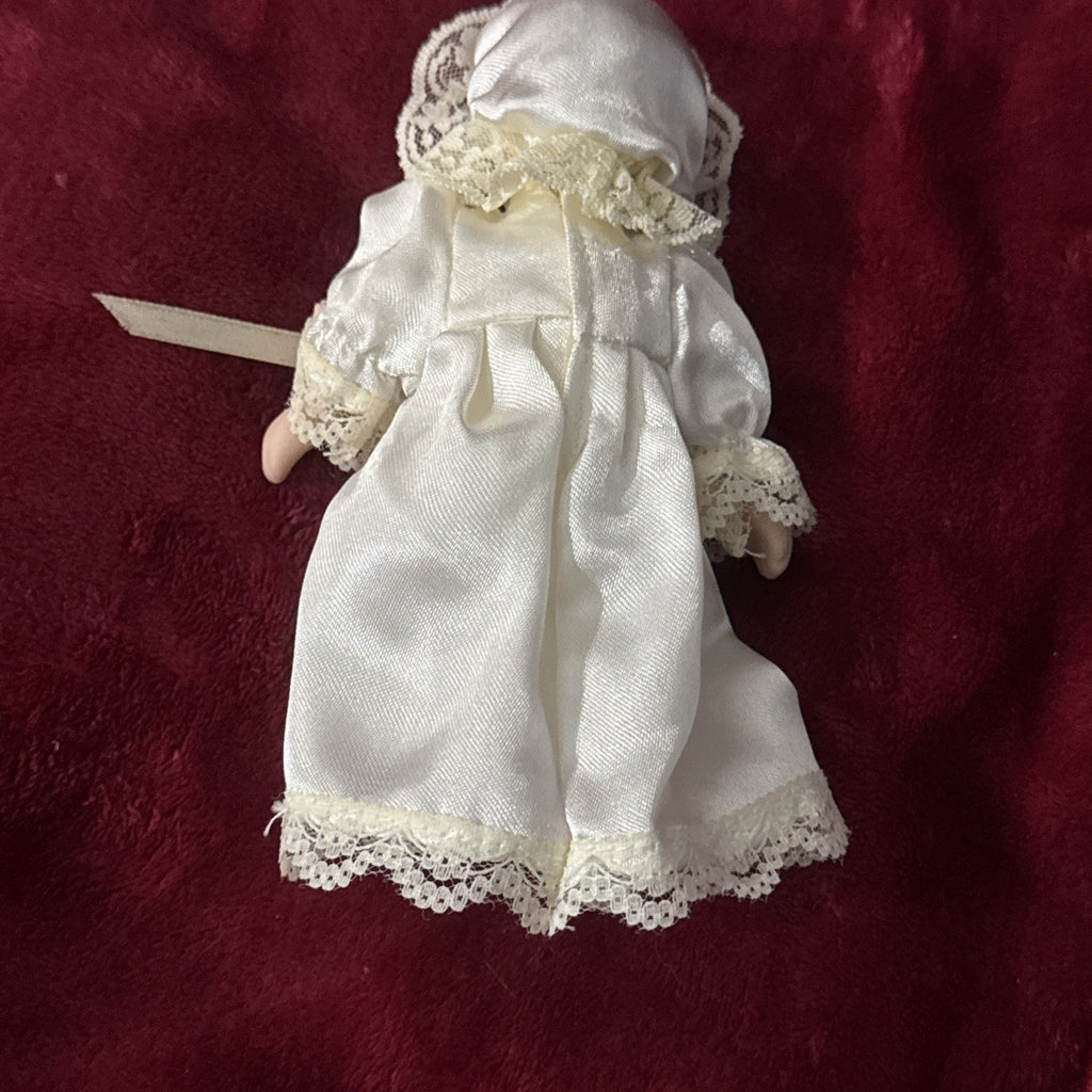 Vintage Mini Porcelain Baby Doll 5” White Satin Lace Dress Bonnet Collectible