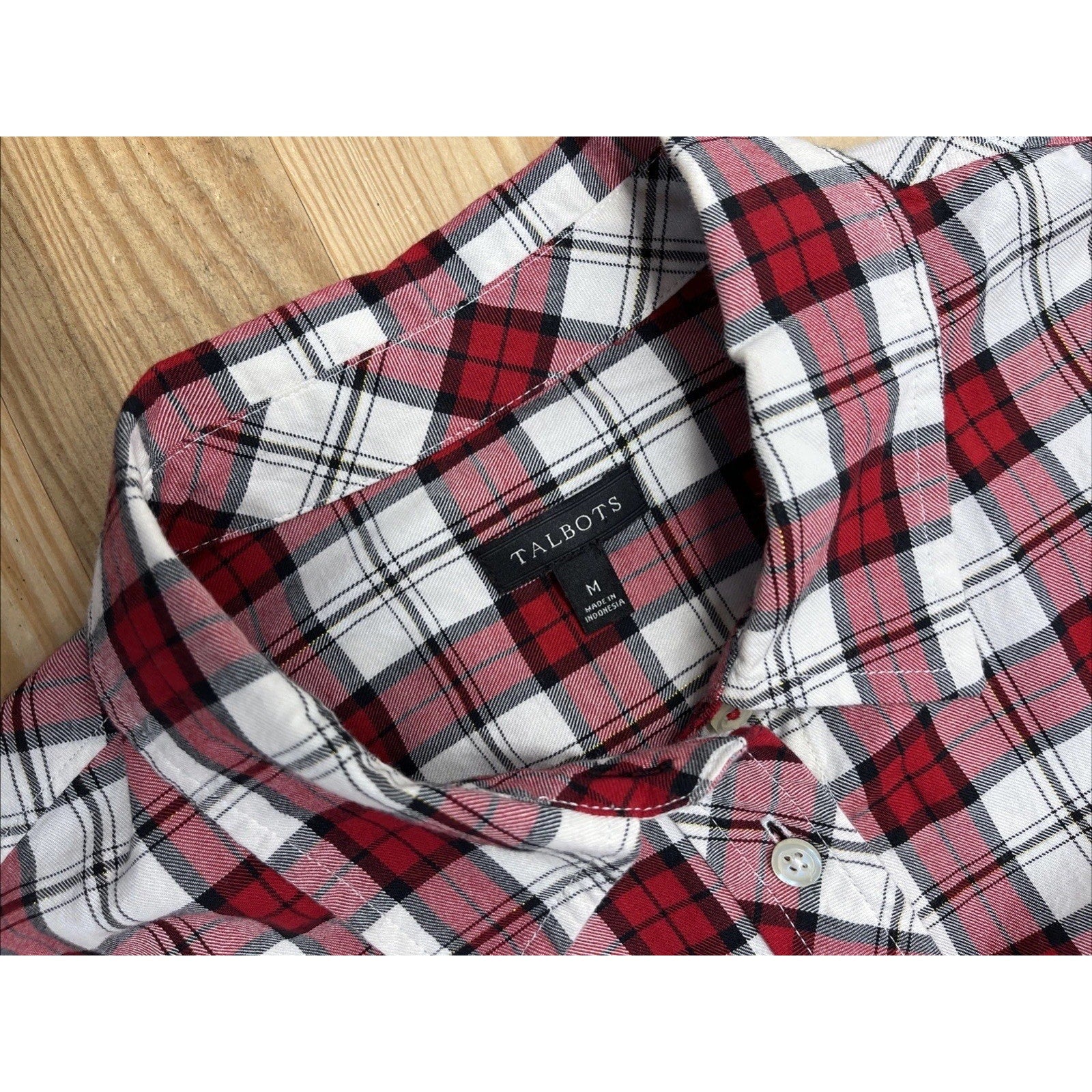 Talbots L Top Large Red White Gold Plaid Button Up Blouse Cozy Cabin Soft