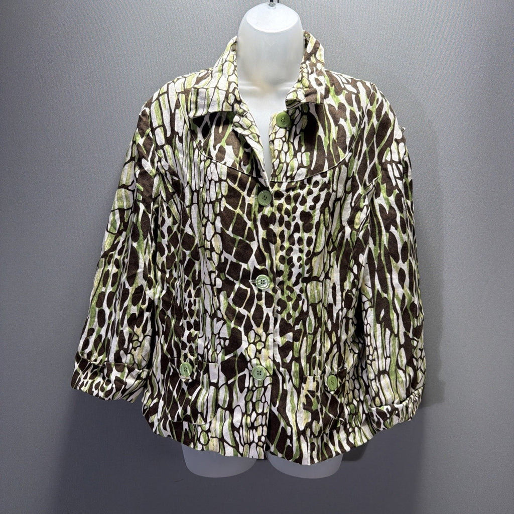 BOB MACKIE Animal Print 100% Linen Jacket Lined Button Tab Pockets Sz 16