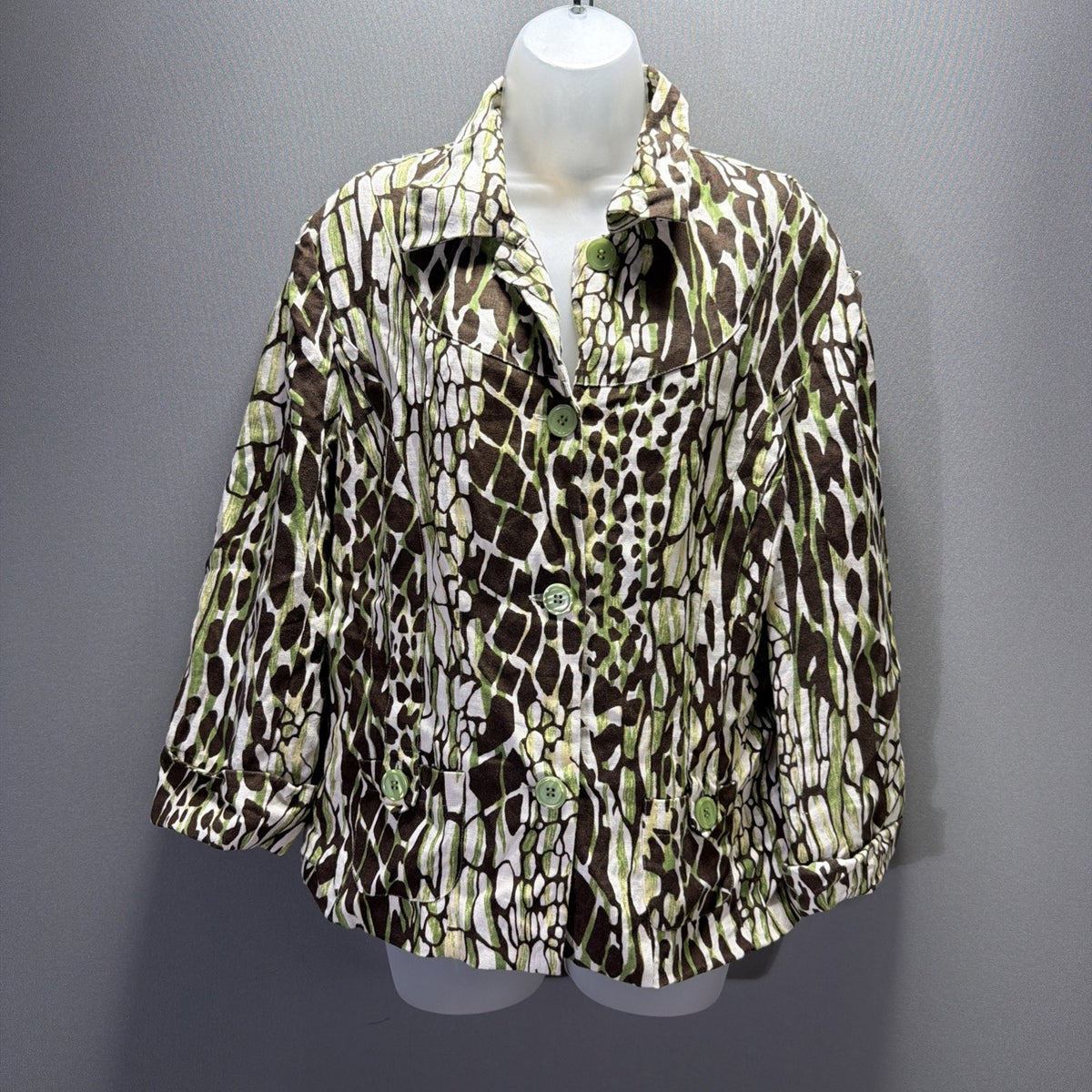 BOB MACKIE Animal Print 100% Linen Jacket Lined Button Tab Pockets Sz 16