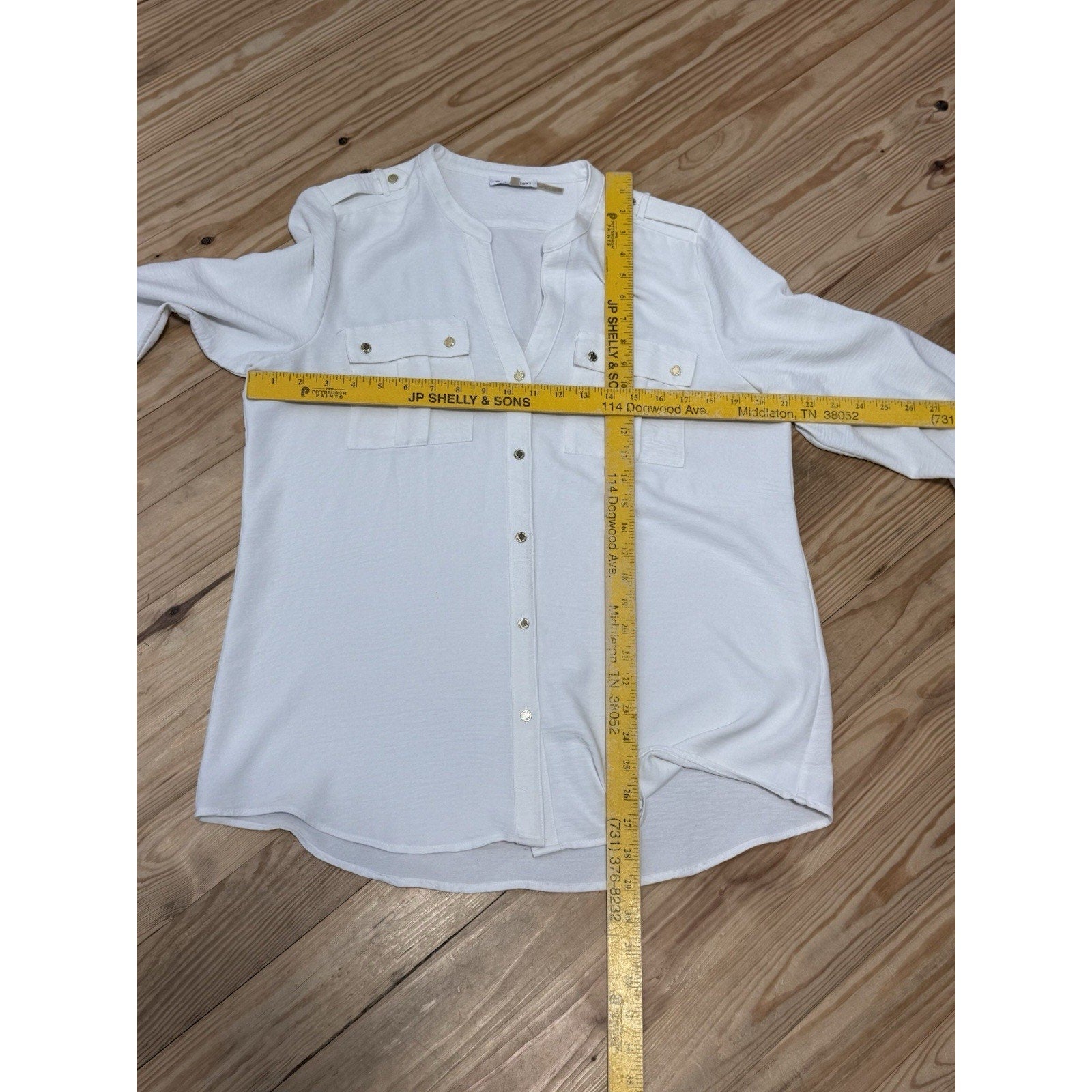CALVIN KLEIN Ivory Button Down Blouse Pockets Crinkled Polyester Women’s Size L