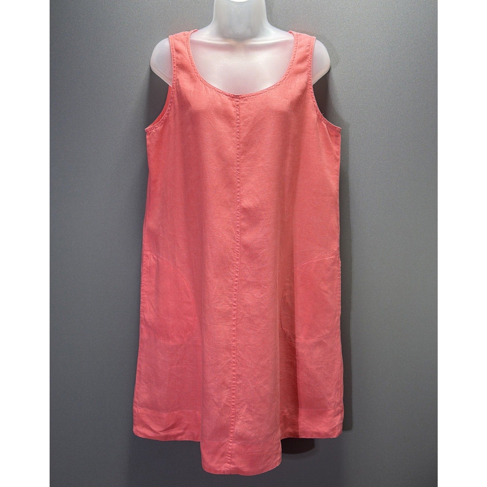 J Jill Love 100% Linen Coral Pink Shift Dress Medium Sleeveless Pockets