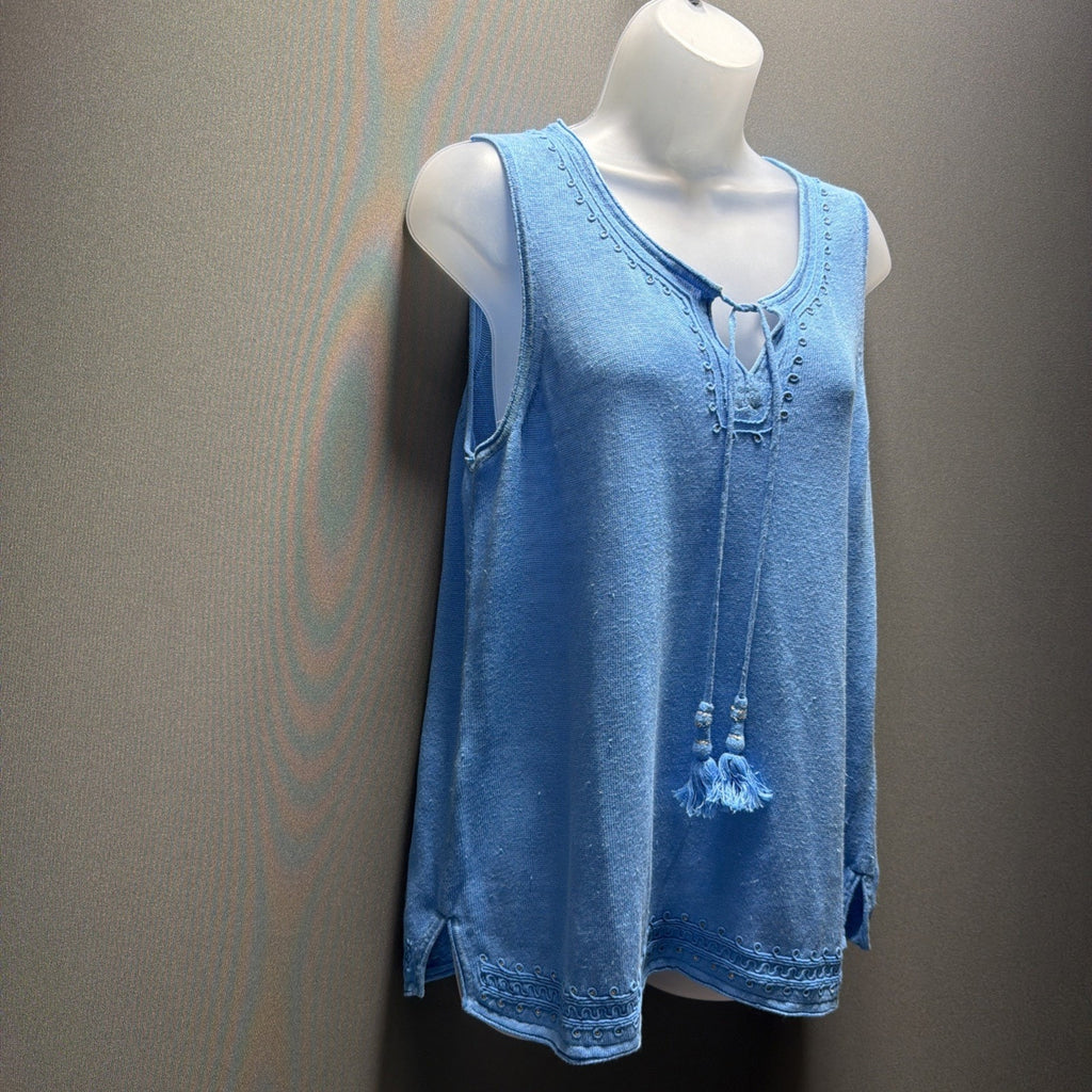TOMMY BAHAMA 100% Linen Tie Neckline Sleeveless Embellished Top Size Large