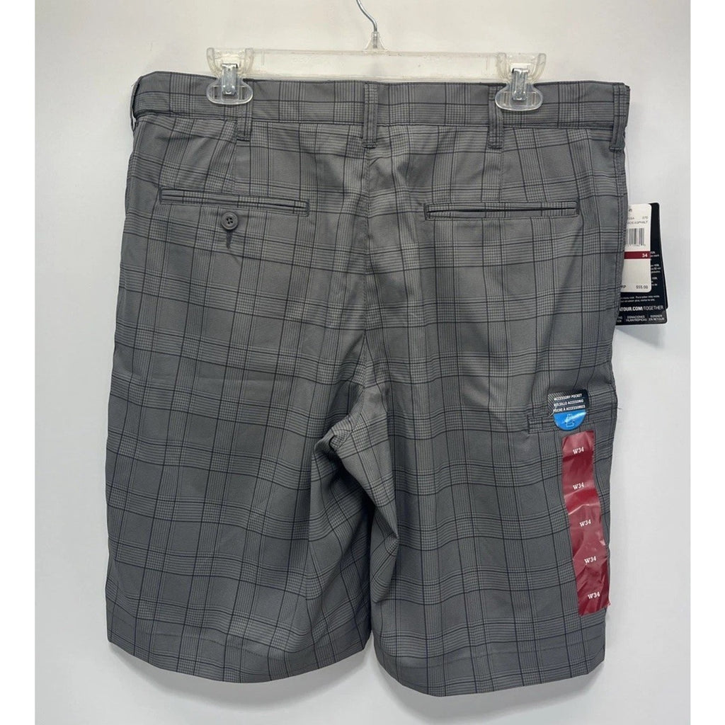 PGA Tour Mens Chino Shorts, Gray Plaid, UV, Easy Care Moisture Wick, Size 34 New