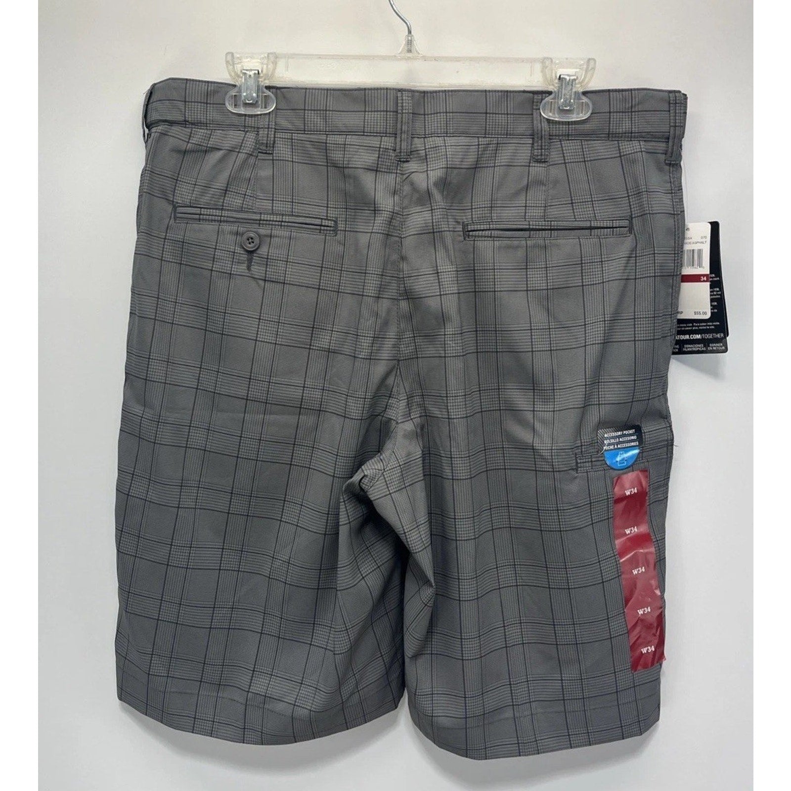 PGA Tour Mens Chino Shorts, Gray Plaid, UV, Easy Care Moisture Wick, Size 34 New