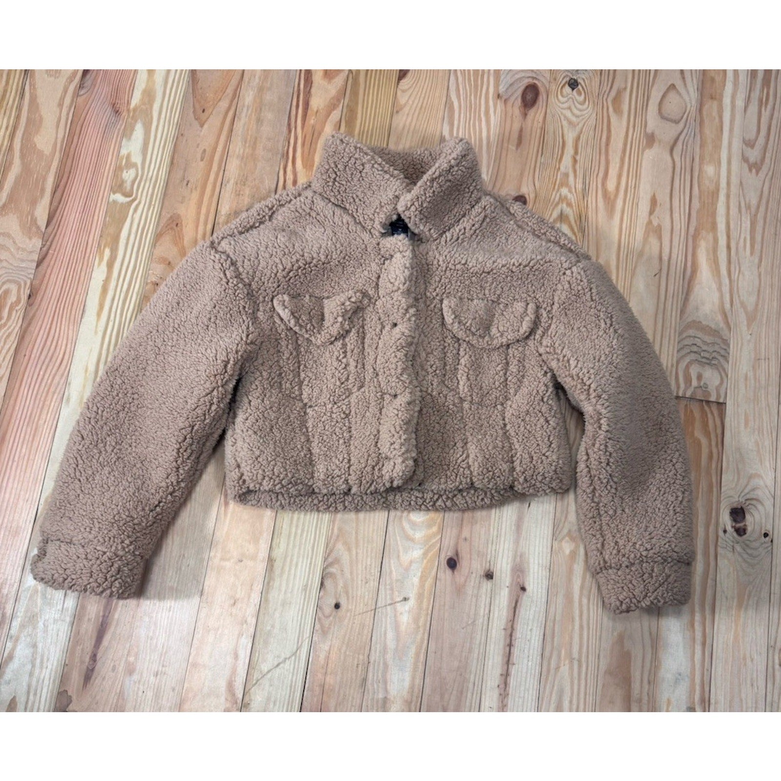 Anna Cai Sherpa Brown Cropped Teddy Bear Jacket Size Medium NWT