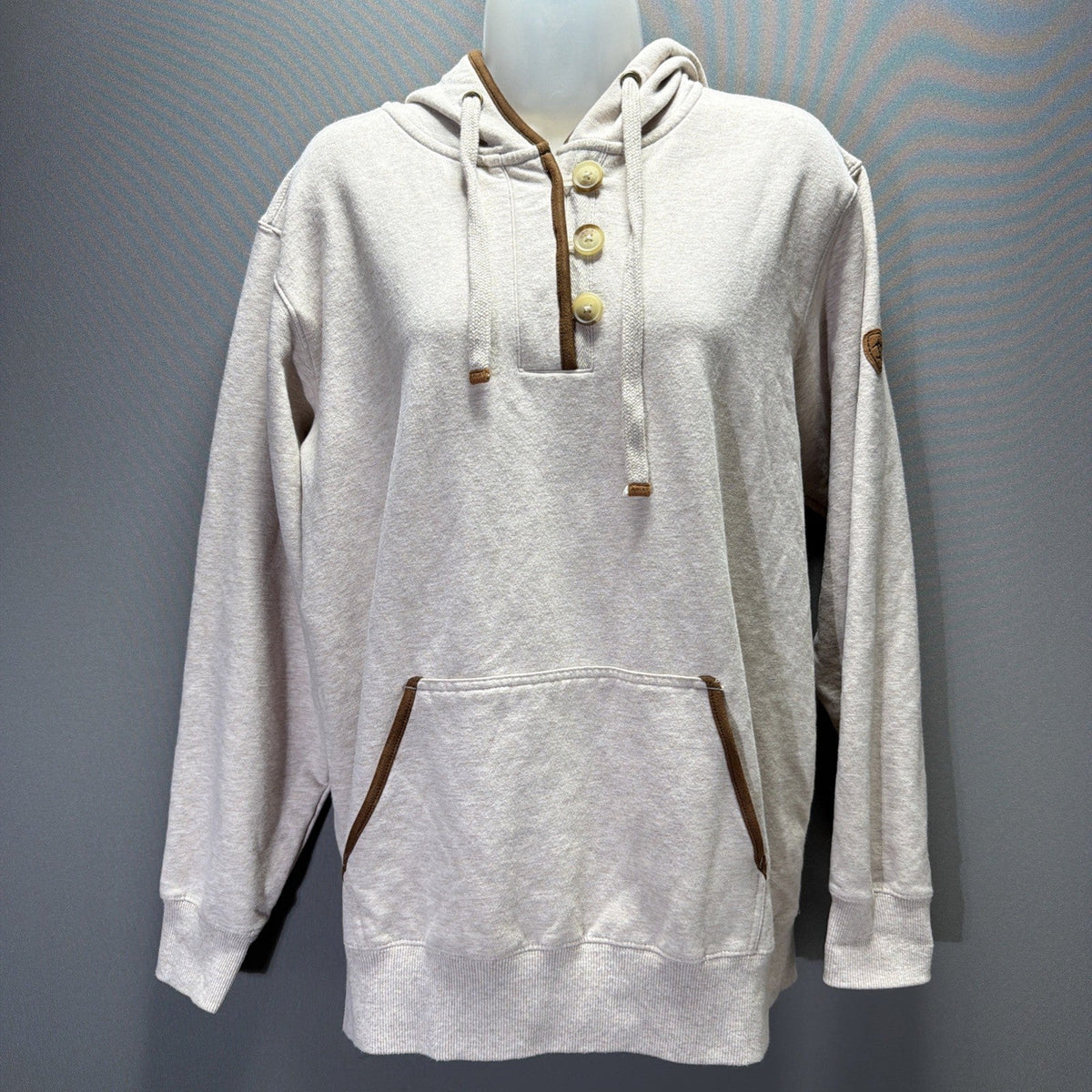 Ariat Womens REAL Elevated Oatmeal Button Henley Pullover Hoodie Sweatshirt L