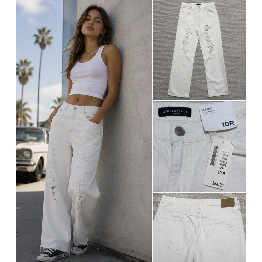 Aeropostale Women's 90s High Rise Baggy Jeans In Cream Size 10 NWT 32x31