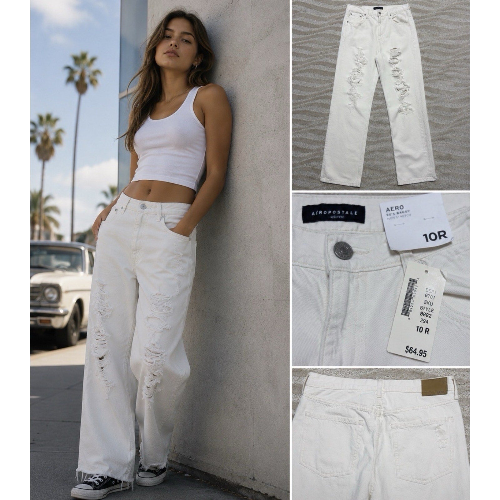 Aeropostale Women's 90s High Rise Baggy Jeans In Cream Size 10 NWT 32x31