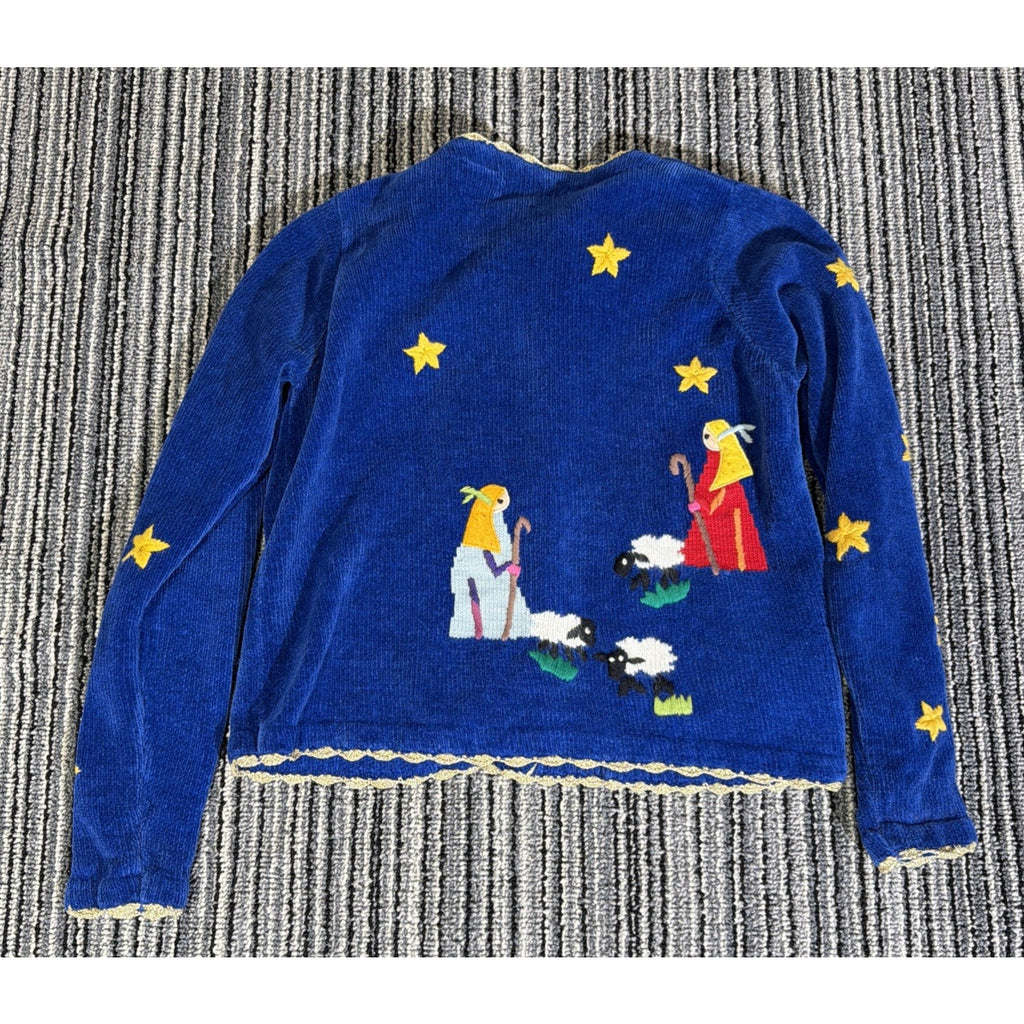 Vtg BELLEPOINTE Nativity Christmas Wisemen Cardigan S Royal Blue Sweater Angel