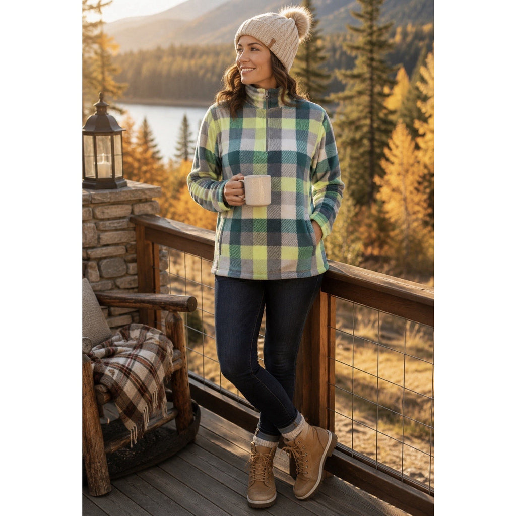 Old Navy Fleece Pullover Large Green Blue Plaid 1/4 Zip Jacket Sweater Women