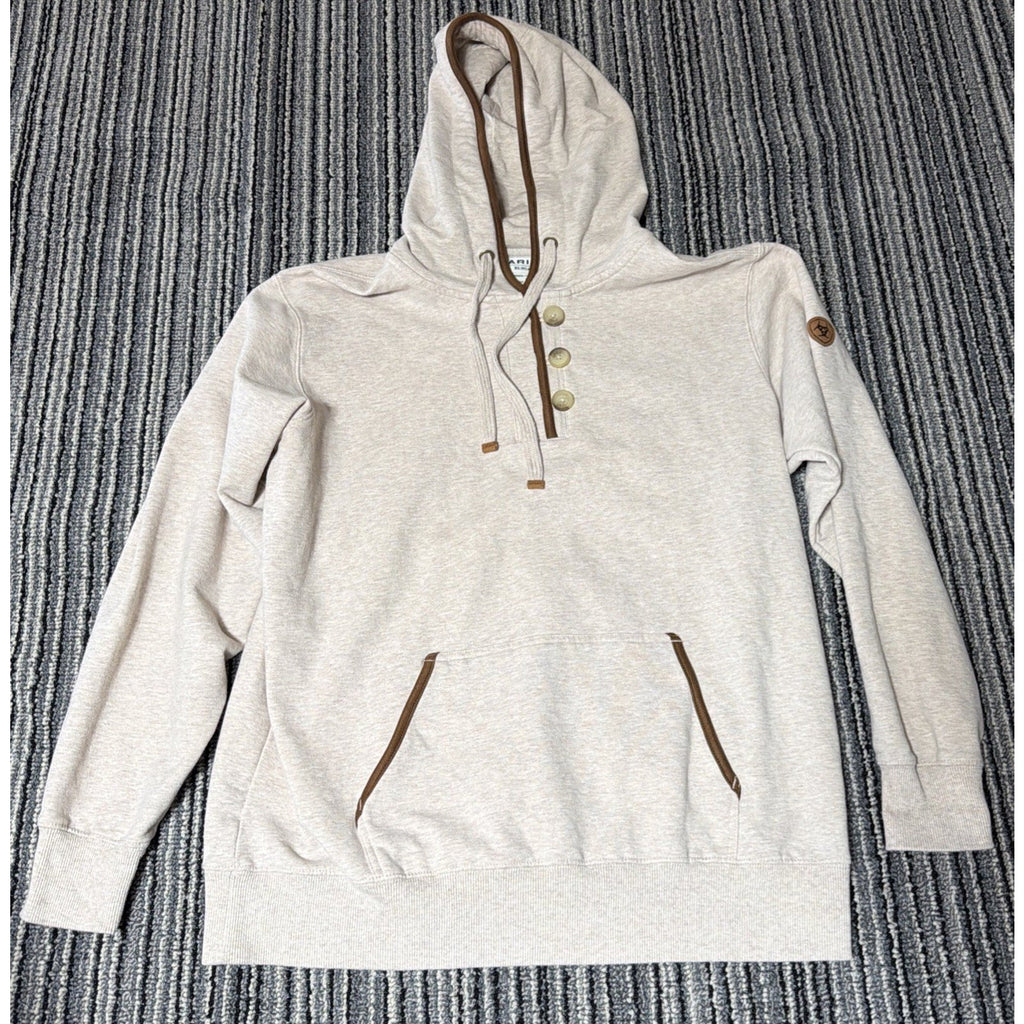 Ariat Womens REAL Elevated Oatmeal Button Henley Pullover Hoodie Sweatshirt L
