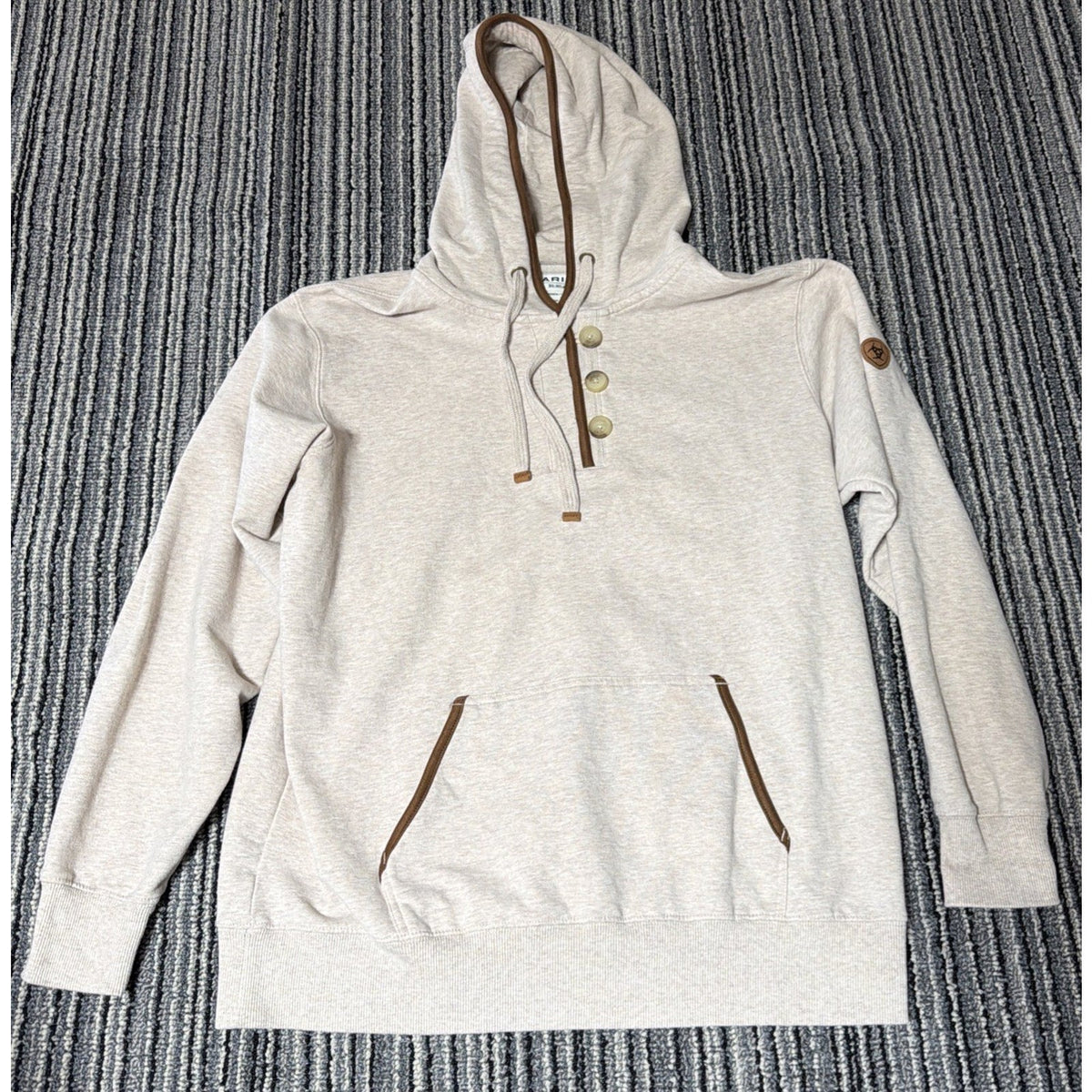 Ariat Womens REAL Elevated Oatmeal Button Henley Pullover Hoodie Sweatshirt L