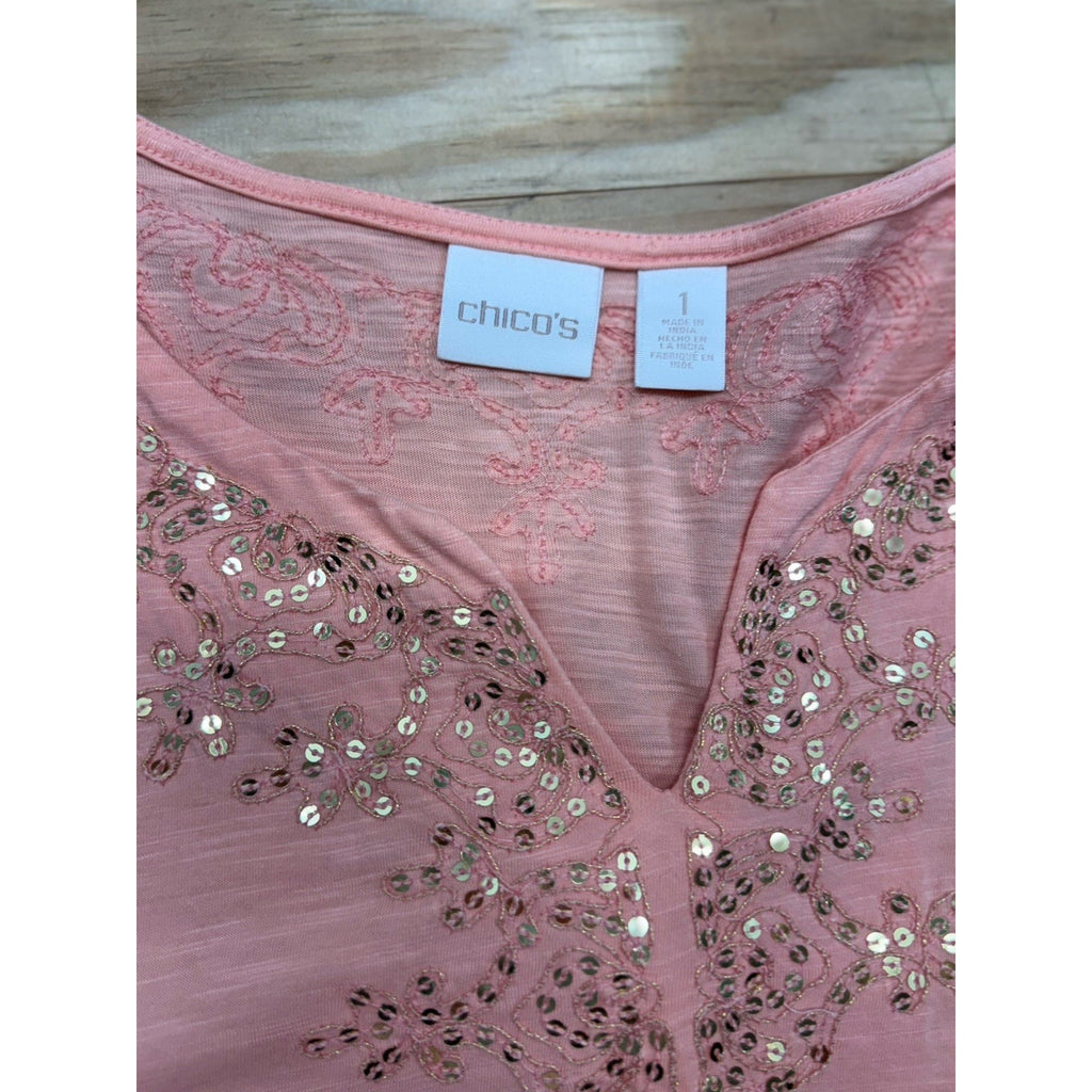 Chico’s Sequin Embellished Tunic Top Women’s Size 1/Medium Cotton Blend Knit