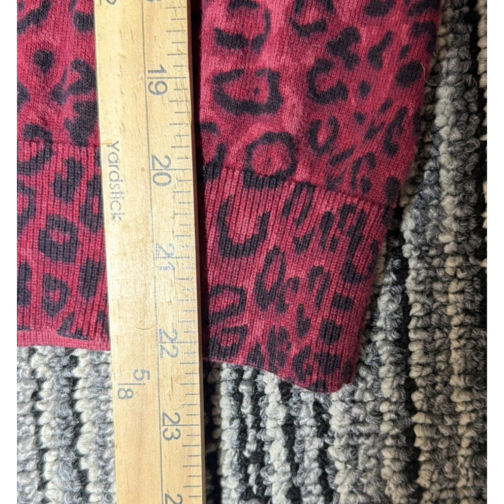 TALBOTS Cardigan Womens LP Burgundy Black Leopard Print Cotton Long Sleeve