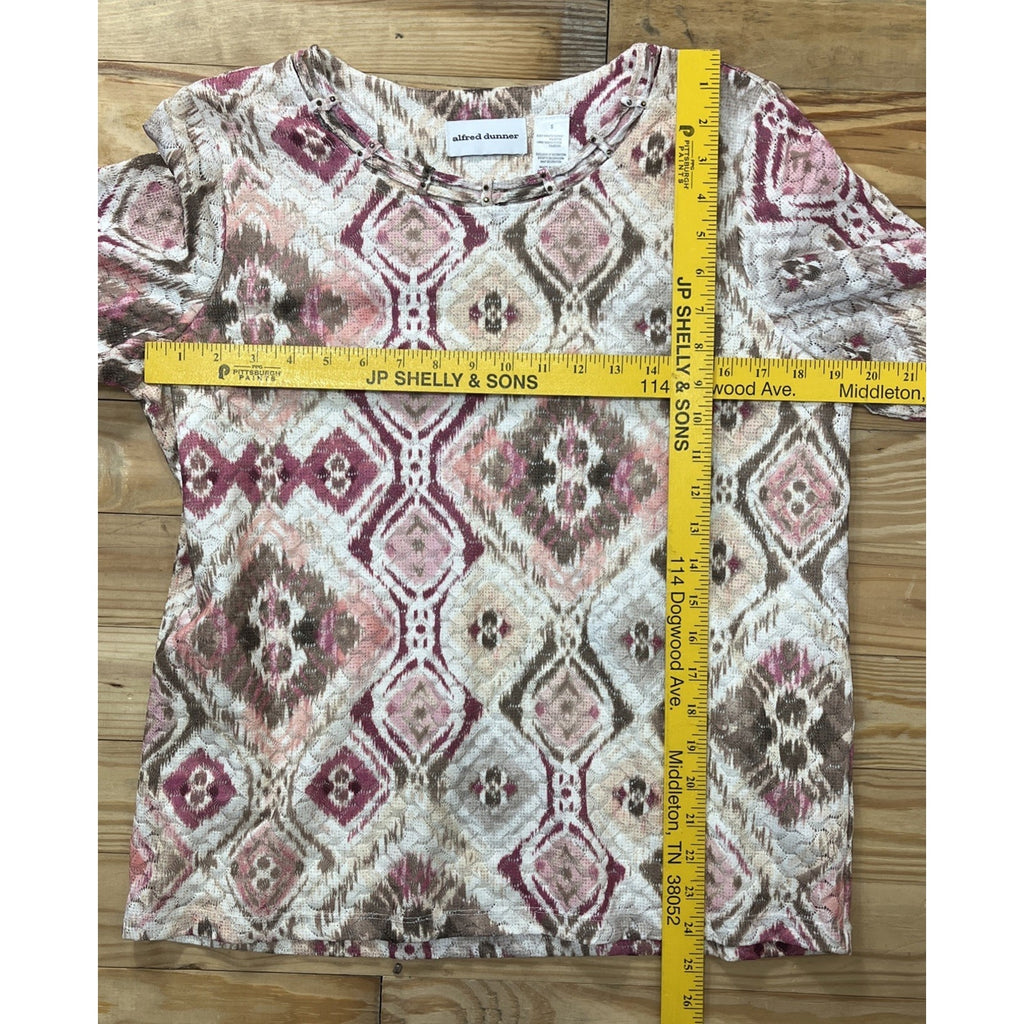 Alfred Dunner Quilted Shirt Women's Small Lined Pink Abstract Jewels 3/4 Sleeve