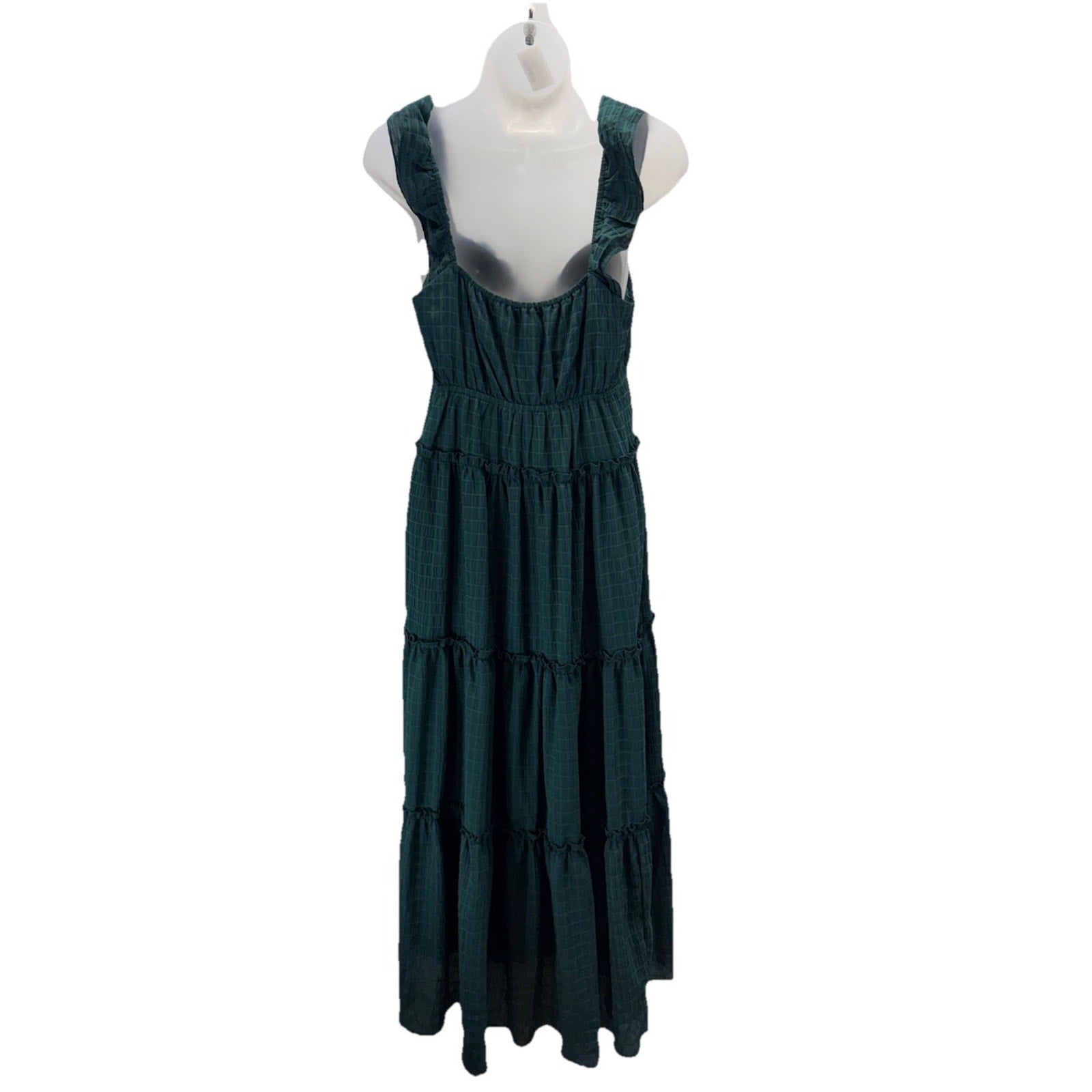 LE LIS Maxi Ruched Dress Hunter Green Ruffled Straps Tiered Size S NWT