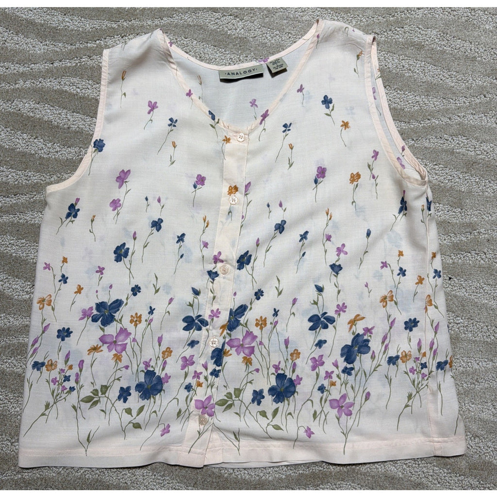 Analogy Cream Button Down Floral Sleeveless Round Neck Blouse Womens Large