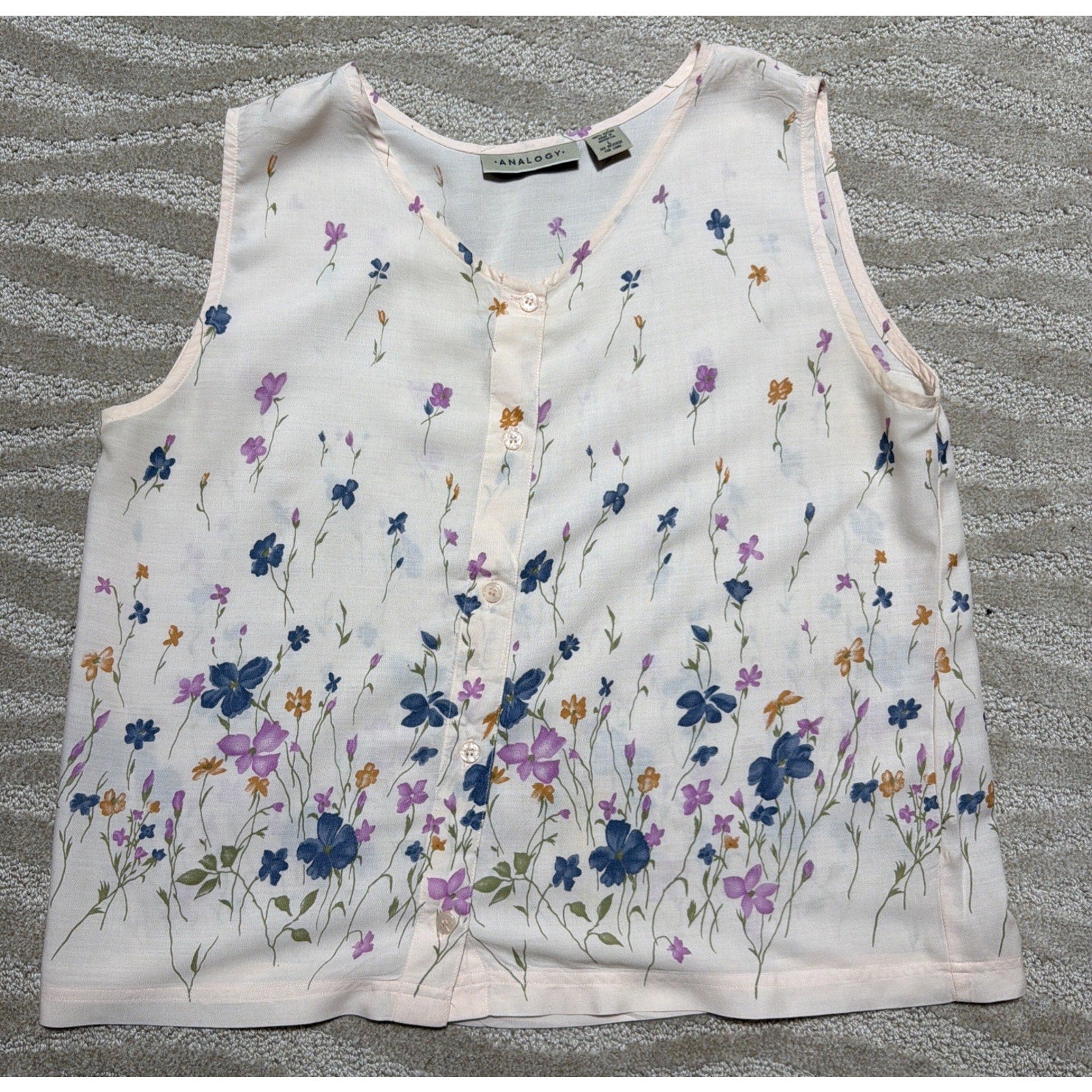 Analogy Cream Button Down Floral Sleeveless Round Neck Blouse Womens Large