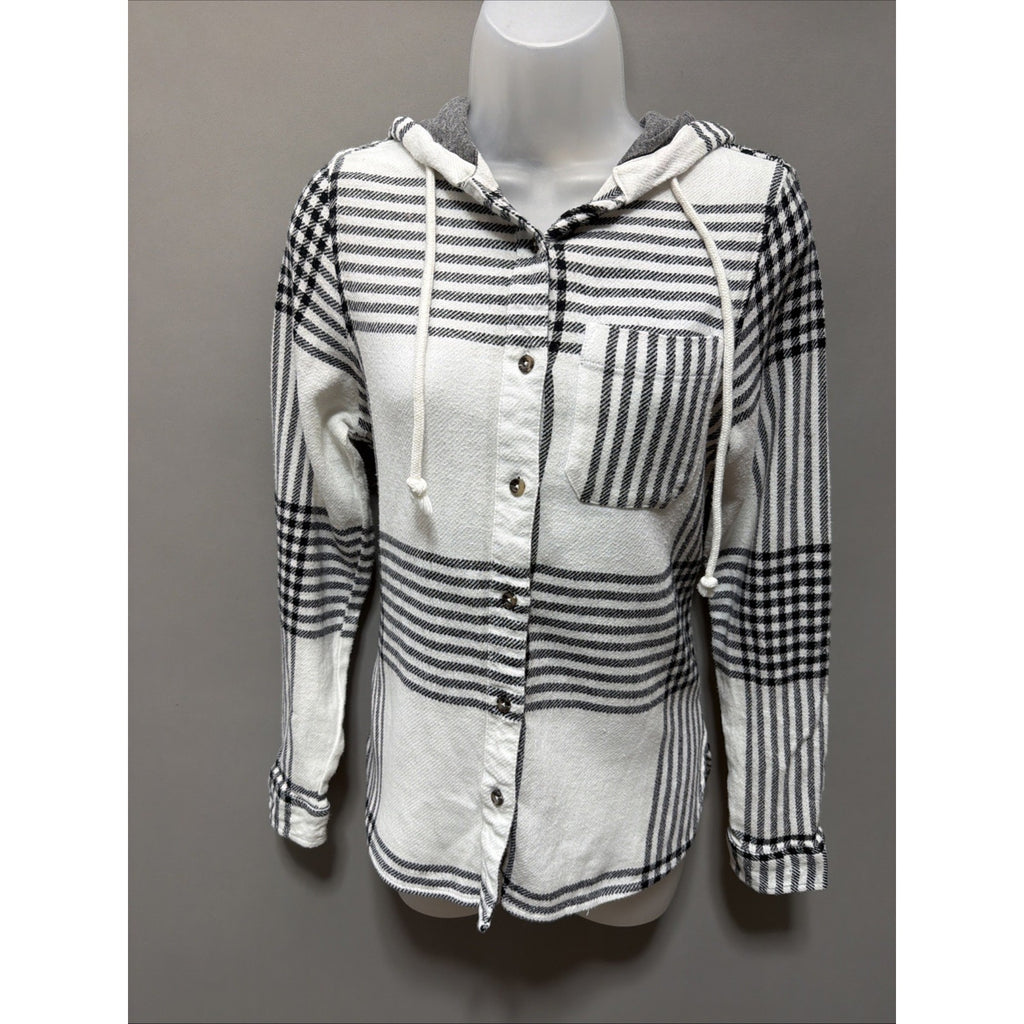 BKE Boyfriend Eased Hooded Flannel Full Zip Shacket Womens Medium White Black