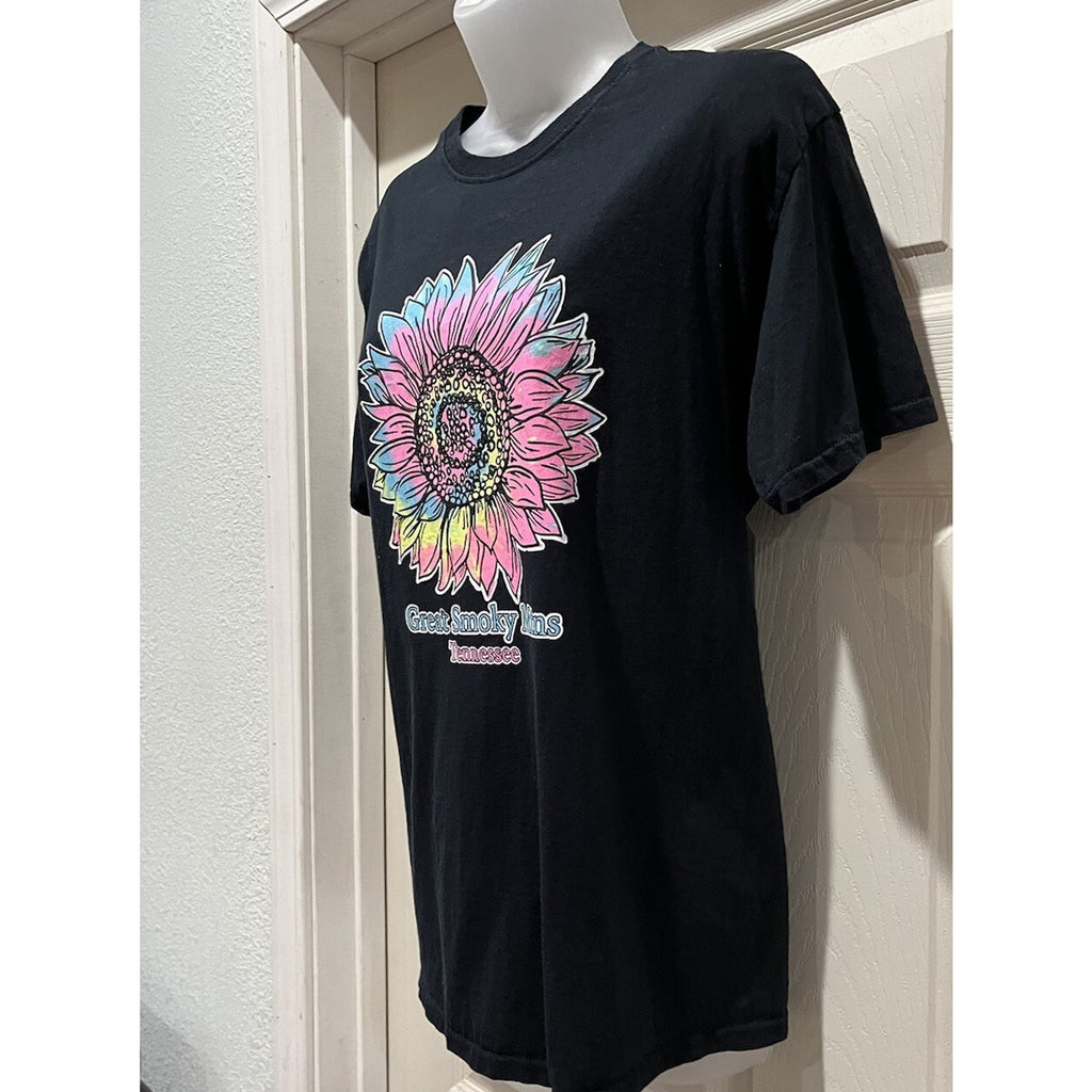 Vintage Great Smoky Mountains Navy Blue Pink Flower T- Shirt Size Medium