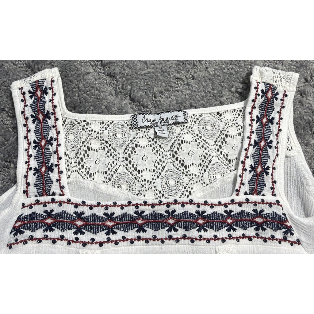 Crave Fame White Off the Shoulder Top M Bell Sleeve Lace Back Embroidered Trim