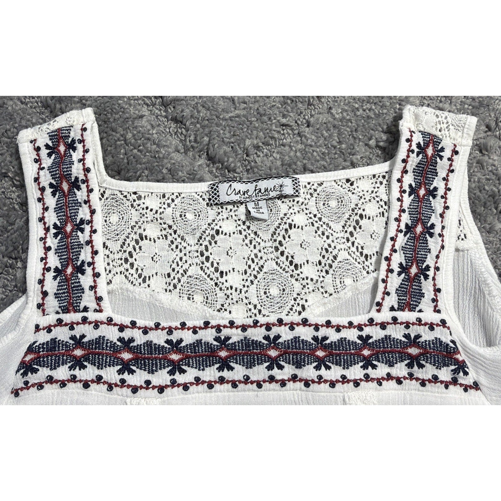 Crave Fame White Off the Shoulder Top M Bell Sleeve Lace Back Embroidered Trim