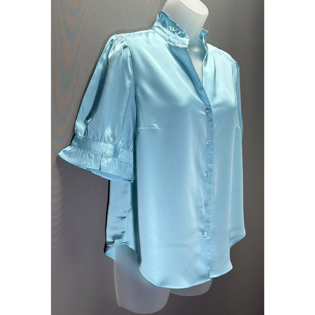 Ann Taylor Blue Satin Ruffle Button Short Sleeve Blouse Size XS