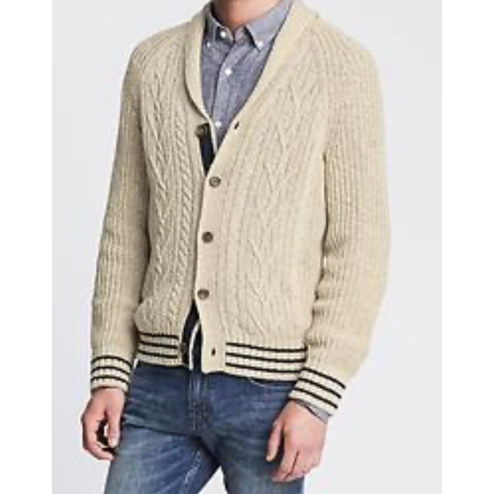 BANANA REPUBLIC Shawl Collar CARDIGAN Ivory Cable Knit Cotton Linen Men’s Size S
