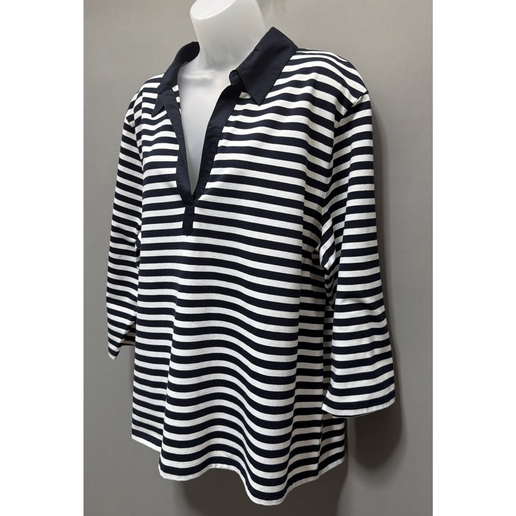 New Talbots White/Navy Blue Striped Johnny Collar Long Sleeve Top Plus Size 3X