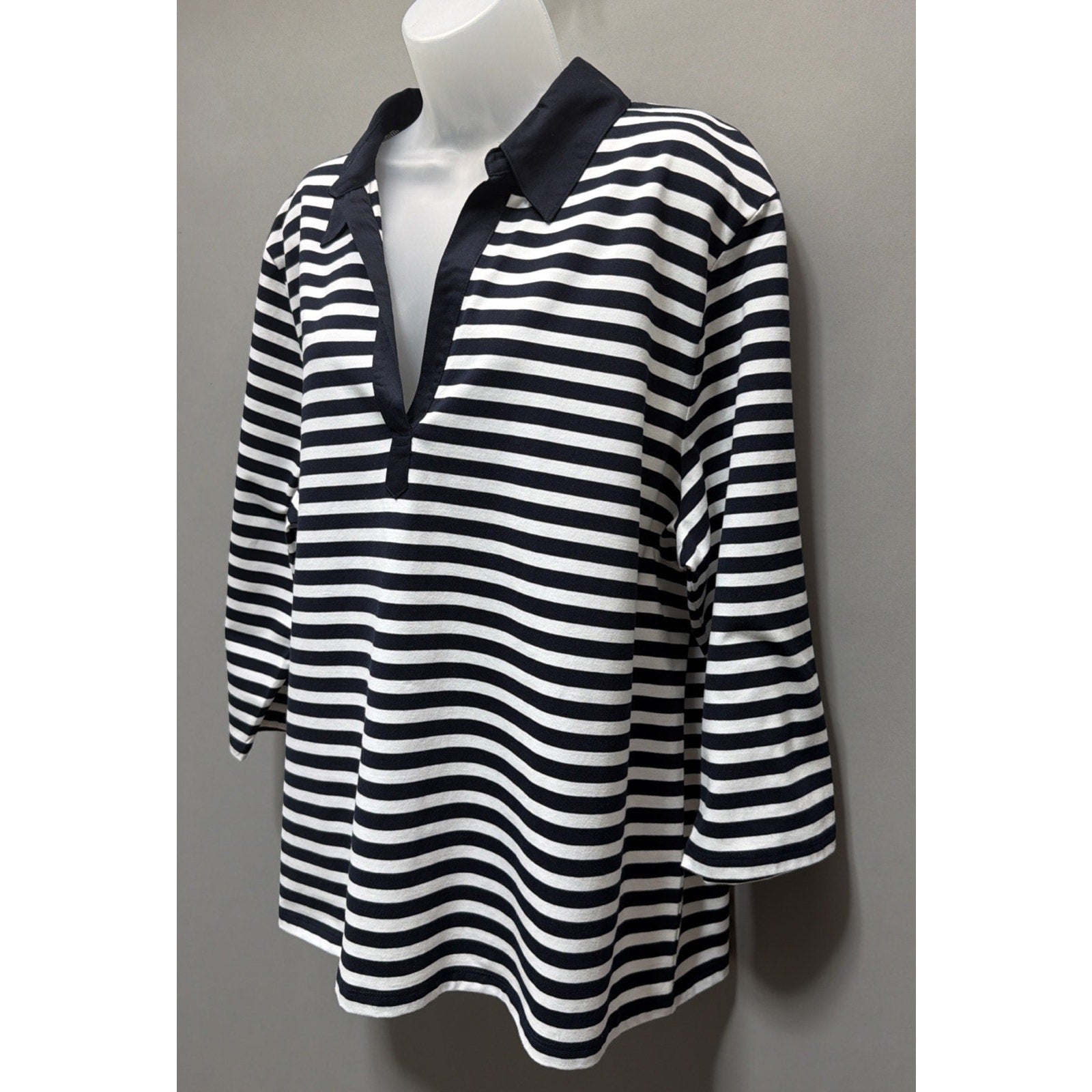 New Talbots White/Navy Blue Striped Johnny Collar Long Sleeve Top Plus Size 3X