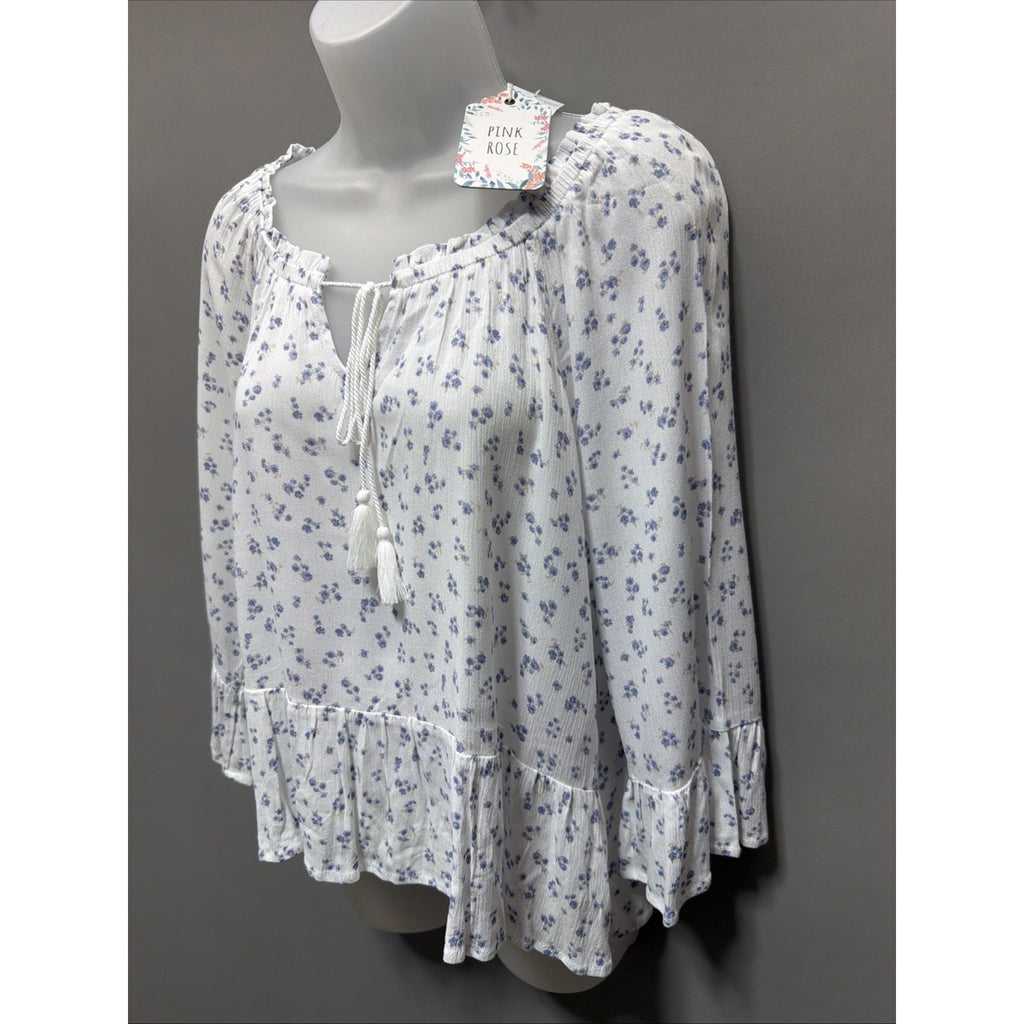 Pink Rose Floral White Bell Sleeve Blouse Women's Large Boho Casual New