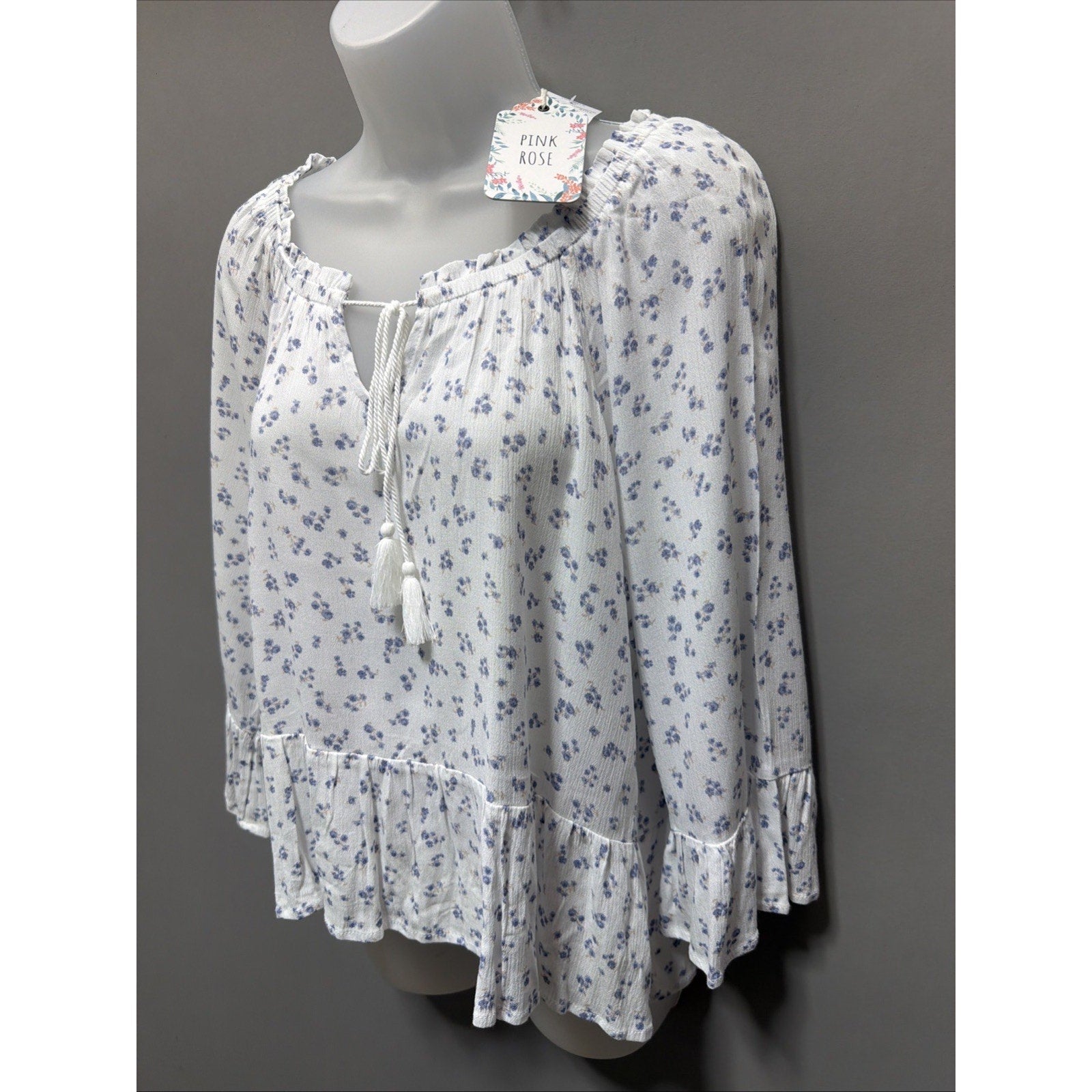 Pink Rose Floral White Bell Sleeve Blouse Women's Large Boho Casual New