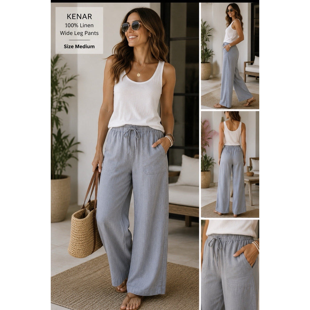 KENAR Women’s M 100% Linen Gray Drawstring Pull On Pants Beach Lounge Casual