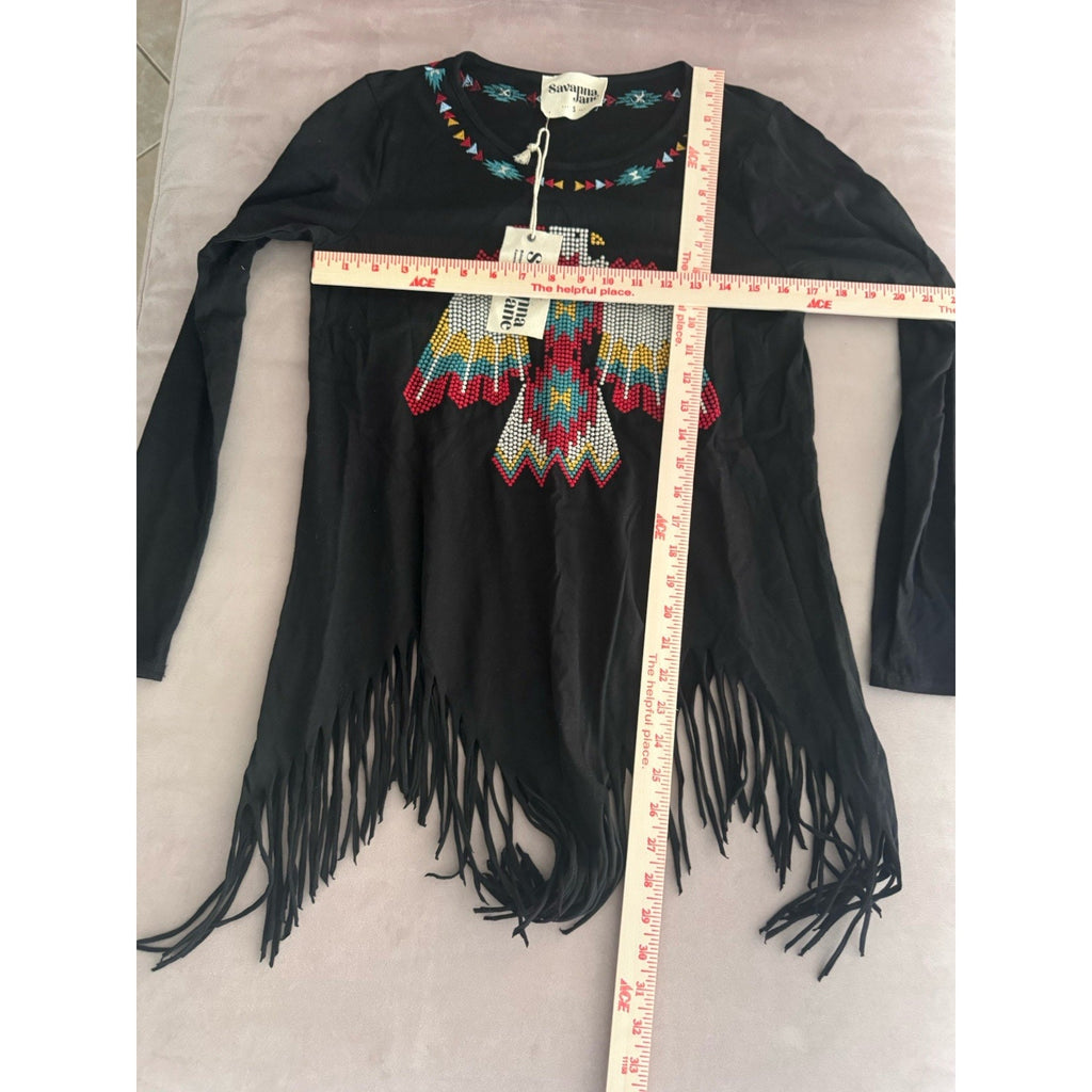 Savanna Jane black long-sleeve tunic fringed Native American Bird Women’s S New