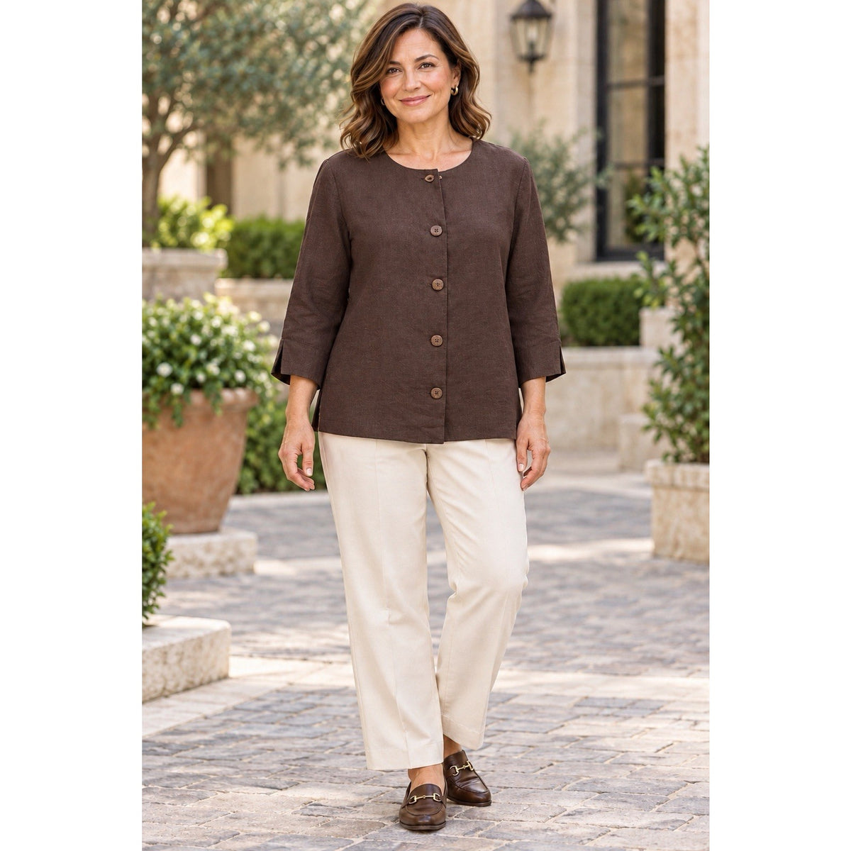 JM Collection 14P 100% Linen Chocolate Brown Collarless Button Front Jacket NWT