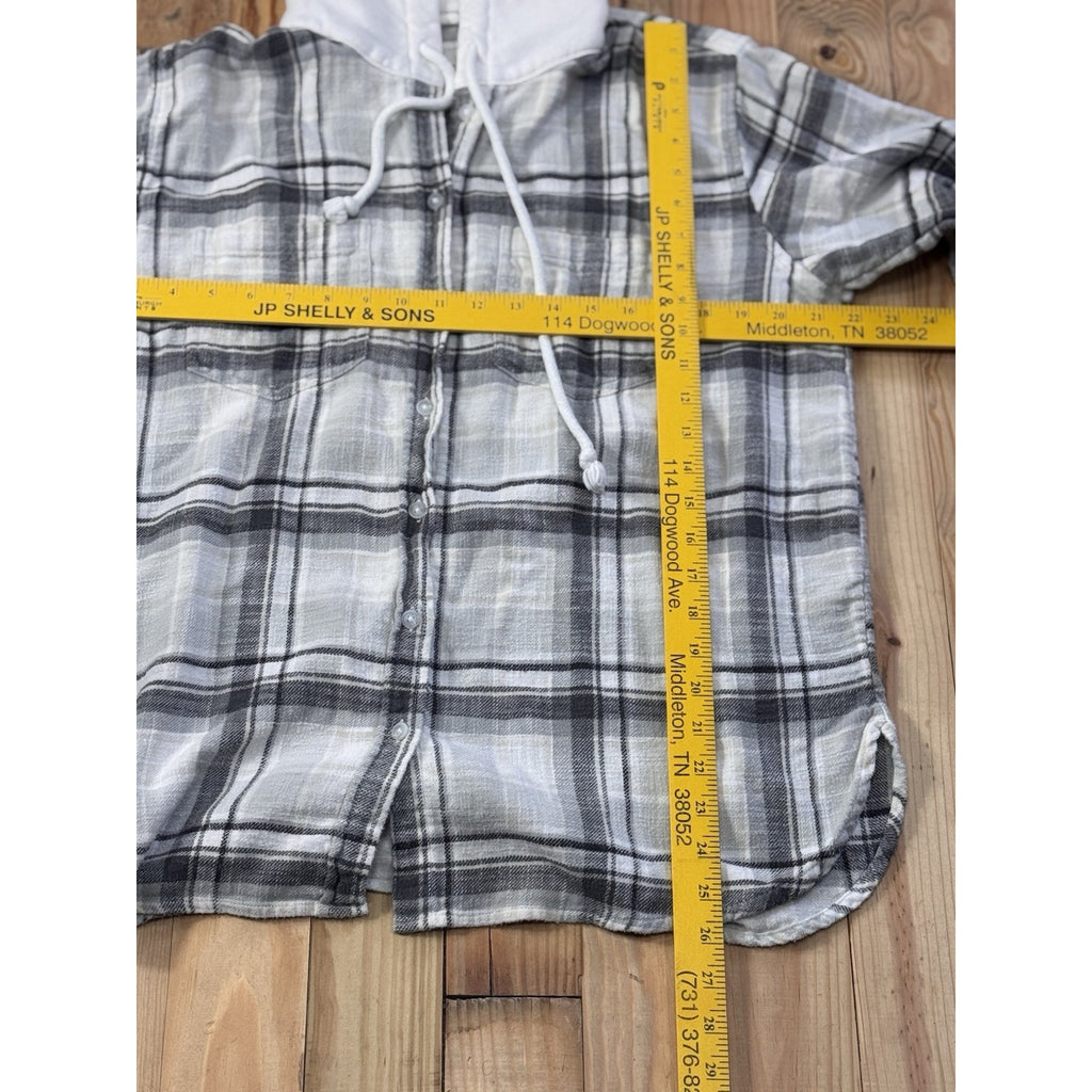 American Eagle Women's Hooded Plaid Button Up Shirt Cream Grey Medium