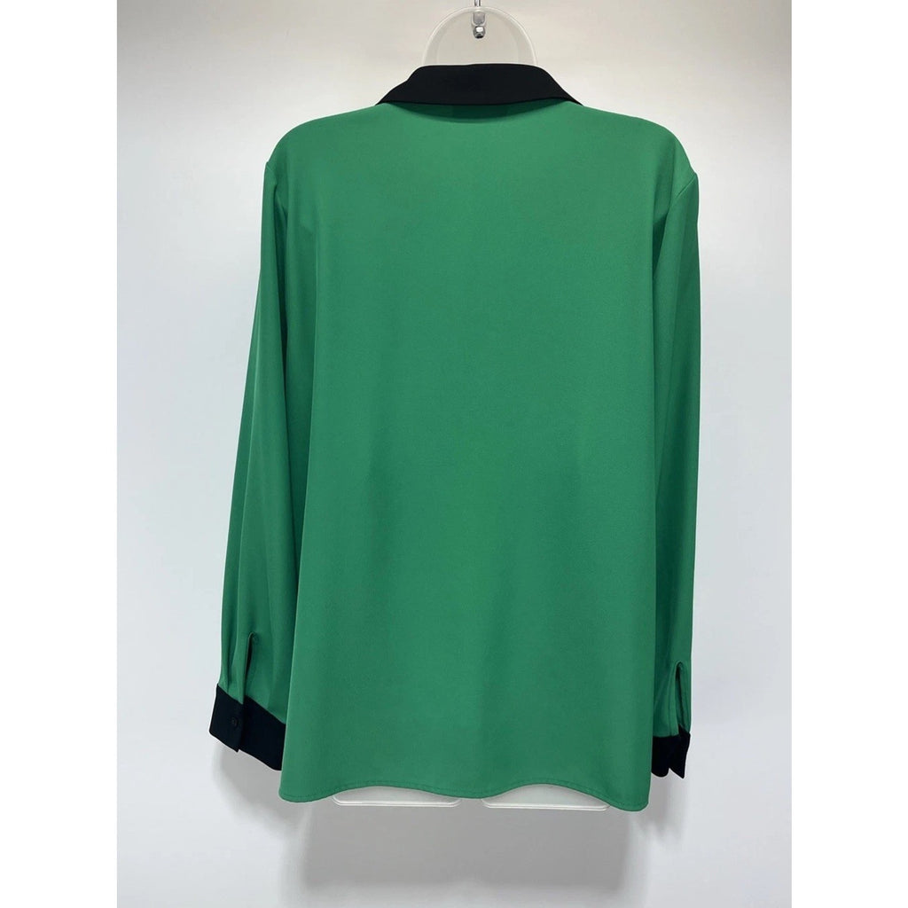 Calvin Klein Green Black Trim Long Sleeve V-Neck Womens Tunic Top Size 16
