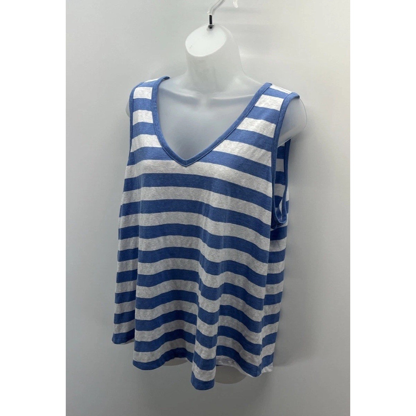 Talbots Tank Top Women 2XP Green Stripe Linen Blend V Neck Casual Beach