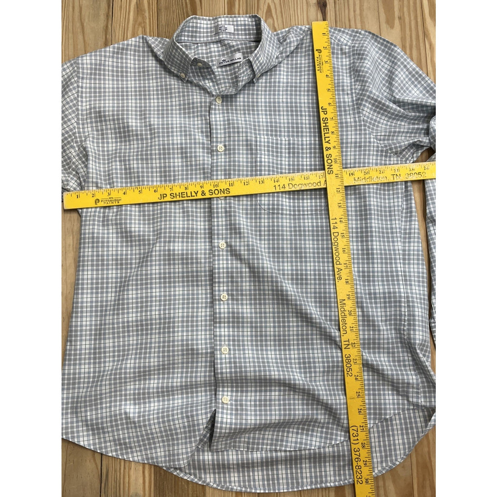 Peter Millar Plaid Blue Long Sleeve Button Down Dress Shirt Mens Size L