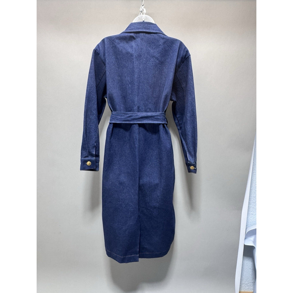 Naome House Adorn Dark Wash Denim Double Breast Trench Coat Gold Button New S/M