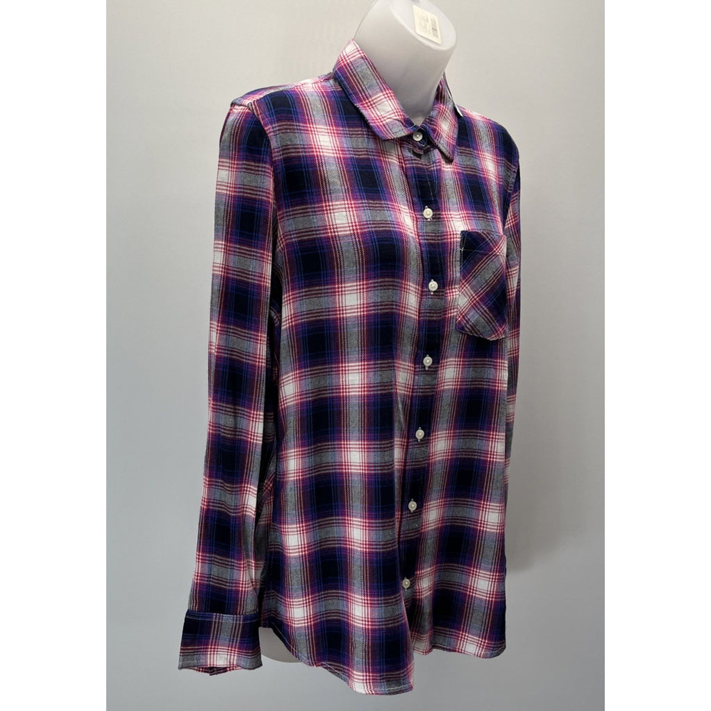 NWT Gap Long Sleeve Drapey Plaid Button Up Top Navy Pink Soft Size S