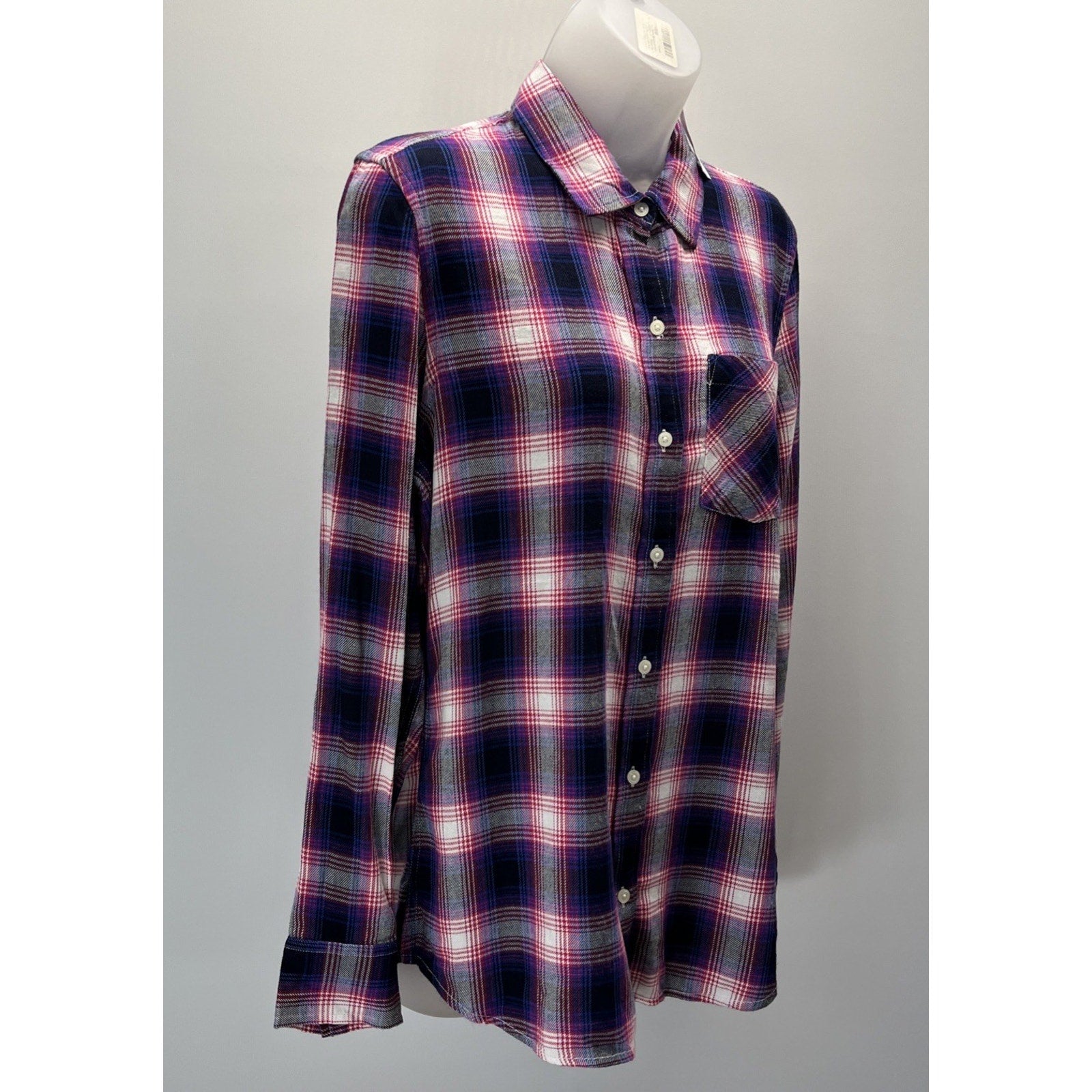 NWT Gap Long Sleeve Drapey Plaid Button Up Top Navy Pink Soft Size S